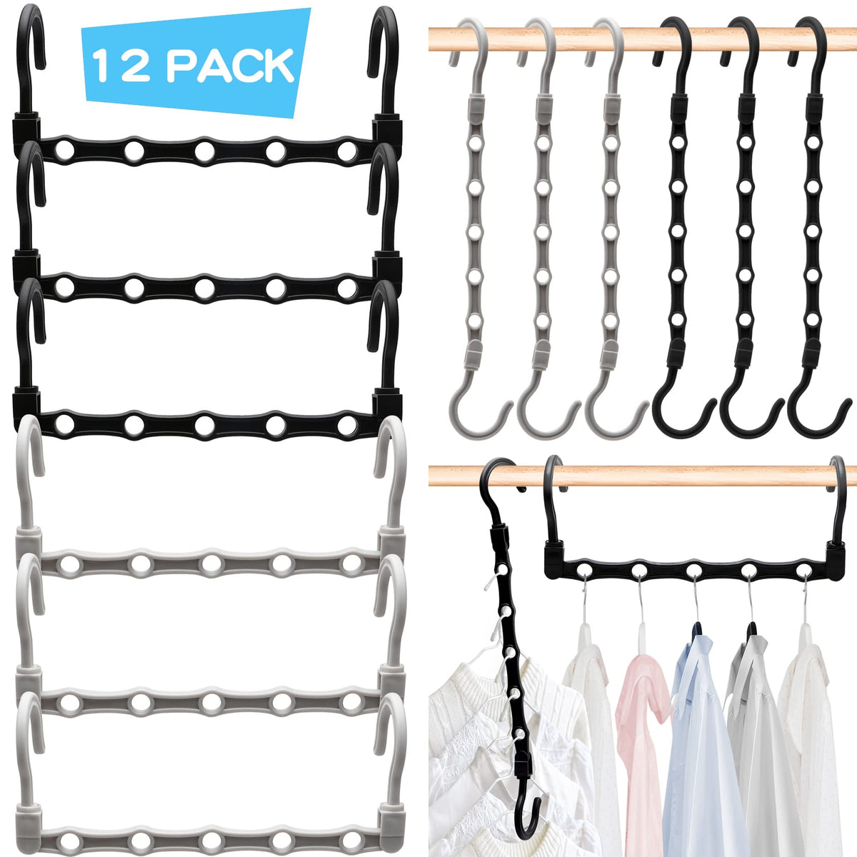 College Dorm Room Essentials: 12 Pack Stronger Organizers And Storage Hangers With 5 Holes For Heavy Clothes, Magic Space Saving