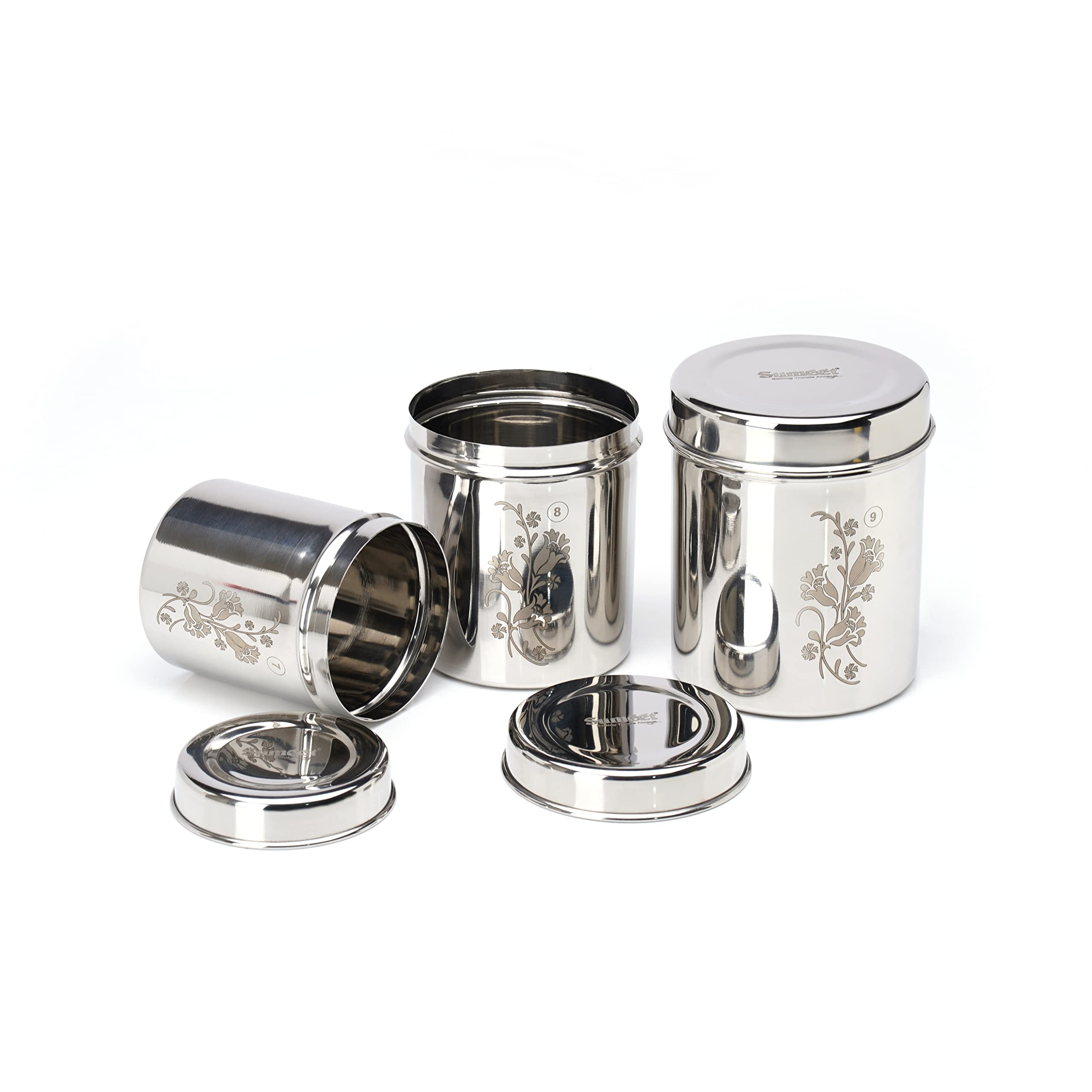 Sumeet Designer Stainless Steel Vertical Canisters/Ubha Dabba/Storage Containers Set Of 3Pc (400Ml,500Ml,750Ml)