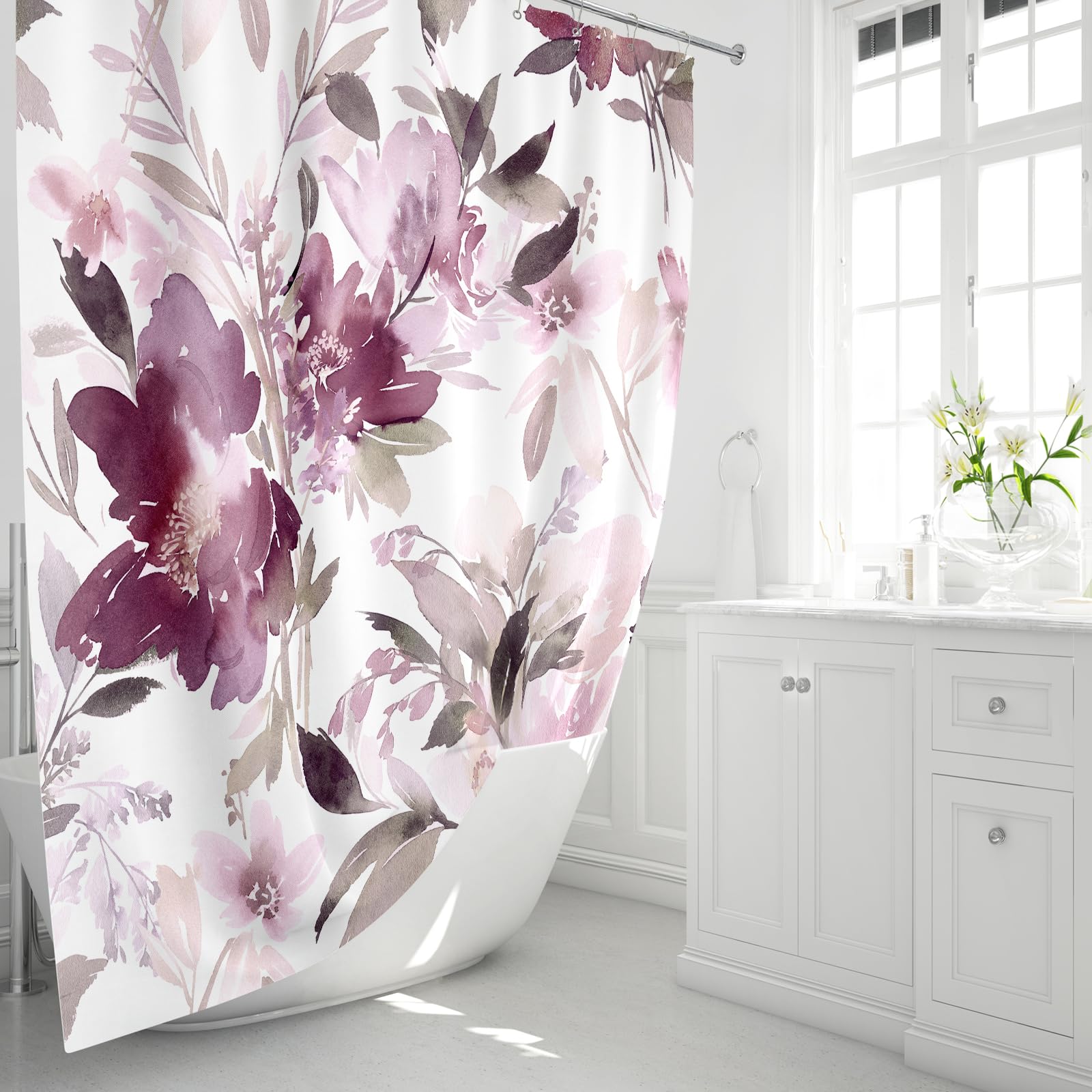 Mayzus Small Stall Shower Curtain 36 X 72 Inch, Half Narrow Watercolor Floral Fabric Shower Curtain, Modern Abstract Mauve Flowe