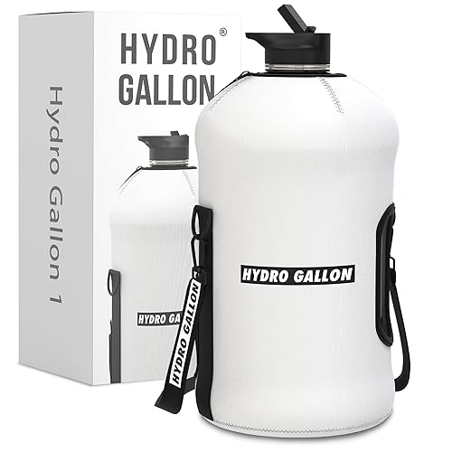 Hydro Gallon? 1 - Gallon Water Bottle Jug with Insulated Sleeve and Straw Lid  Handle  Motivational Time Marker  Pocket  Shoulder Strap. Leakproof BPA free Large Big Bottle. 128oz (White)