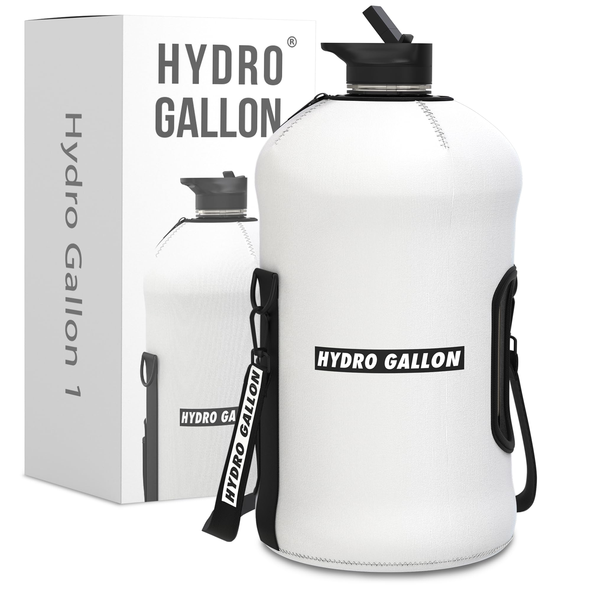 Hydro Gallon? 1 - Gallon Water Bottle Jug with Insulated Sleeve and Straw Lid  Handle  Motivational Time Marker  Pocket  Shoulder Strap. Leakproof BPA free Large Big Bottle. 128oz (White)