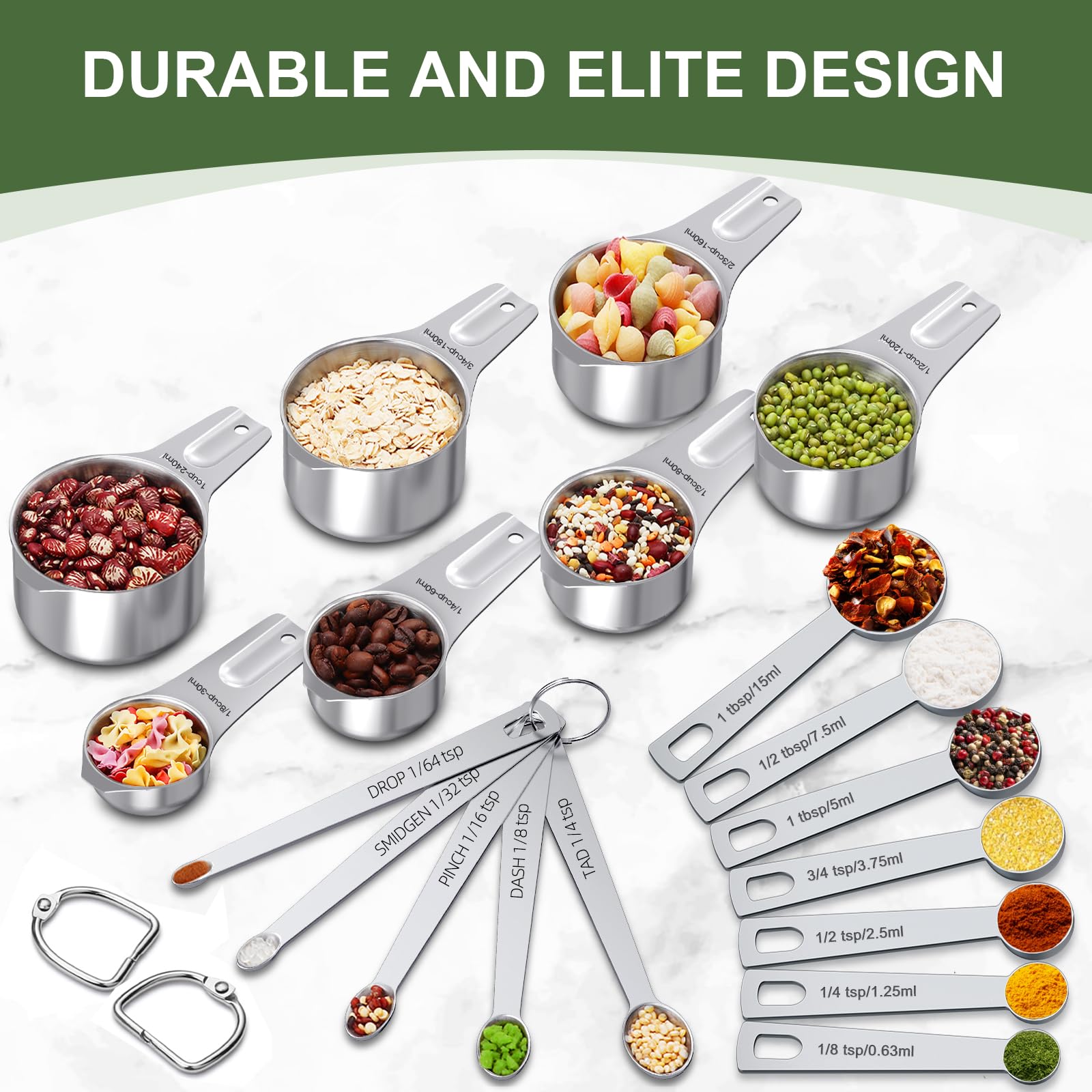 Measuring Cups And Spoons Set, 7 Stainless Steel Nesting Measuring Cups & 7 Spoons, 5 Mini Measuring Spoons & 2 Detachable Rings