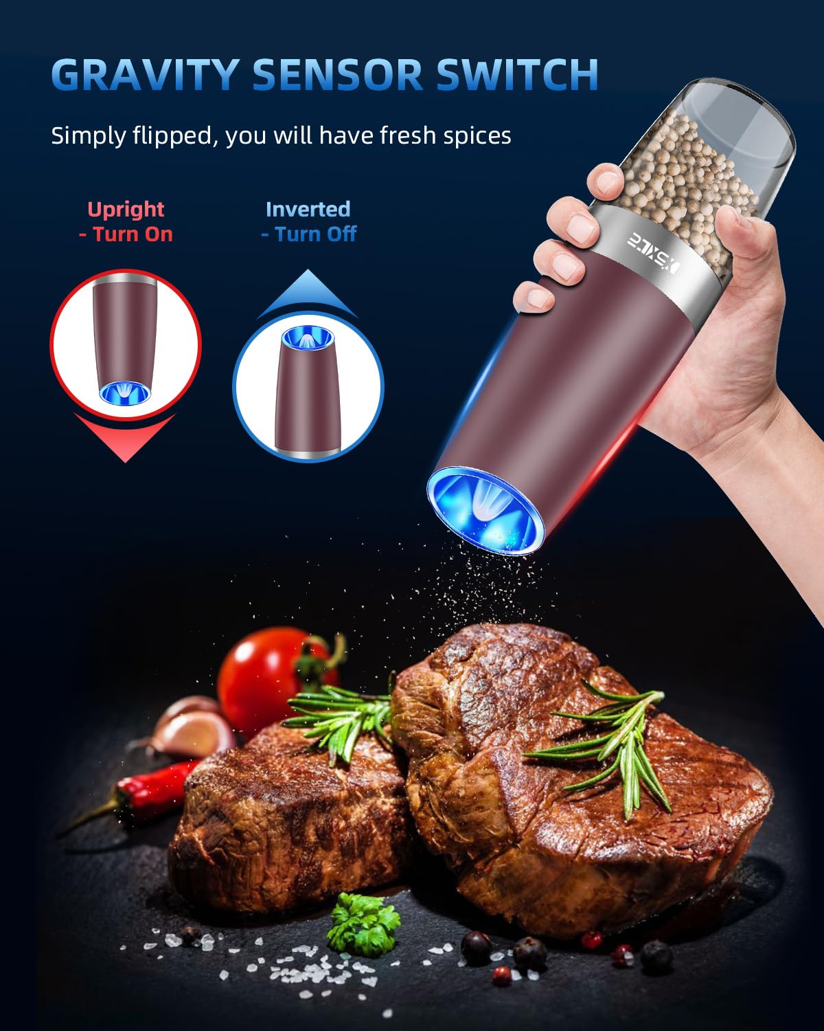 XinXu Gravity Electric Pepper Grinder, Salt or Pepper Mills & Adjustable Coarseness, with LED Light, One Hand Automatic Operatio