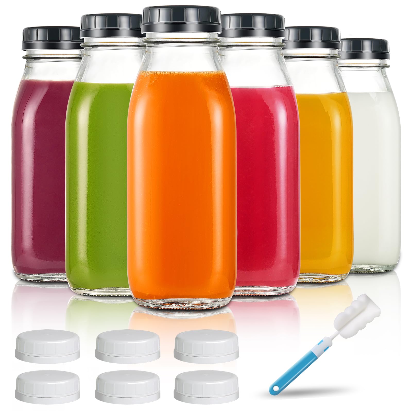 YEBODA 16oz Glass Milk Bottle with Plastic Tamper-proof Caps (6 Pack) Vintage Reusable Dairy Drinking Containers  Glass Bottles for Milk  Juice Yogurt  Smoothies  Honey  Tomato Sauce  Jam  Syrup