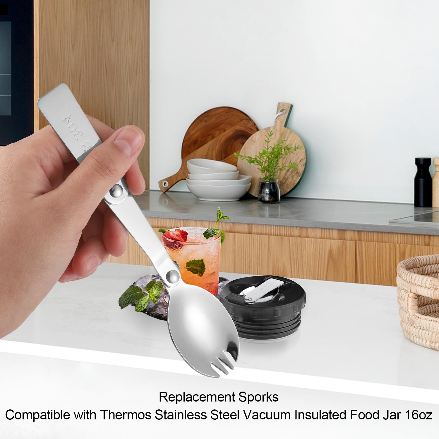 2Pcs Spork For Thermos Stainless Steel King Vacuum Insulated Food Jar 16Oz, Foldable Spoon Fork Replacement Parts Compatible Wit