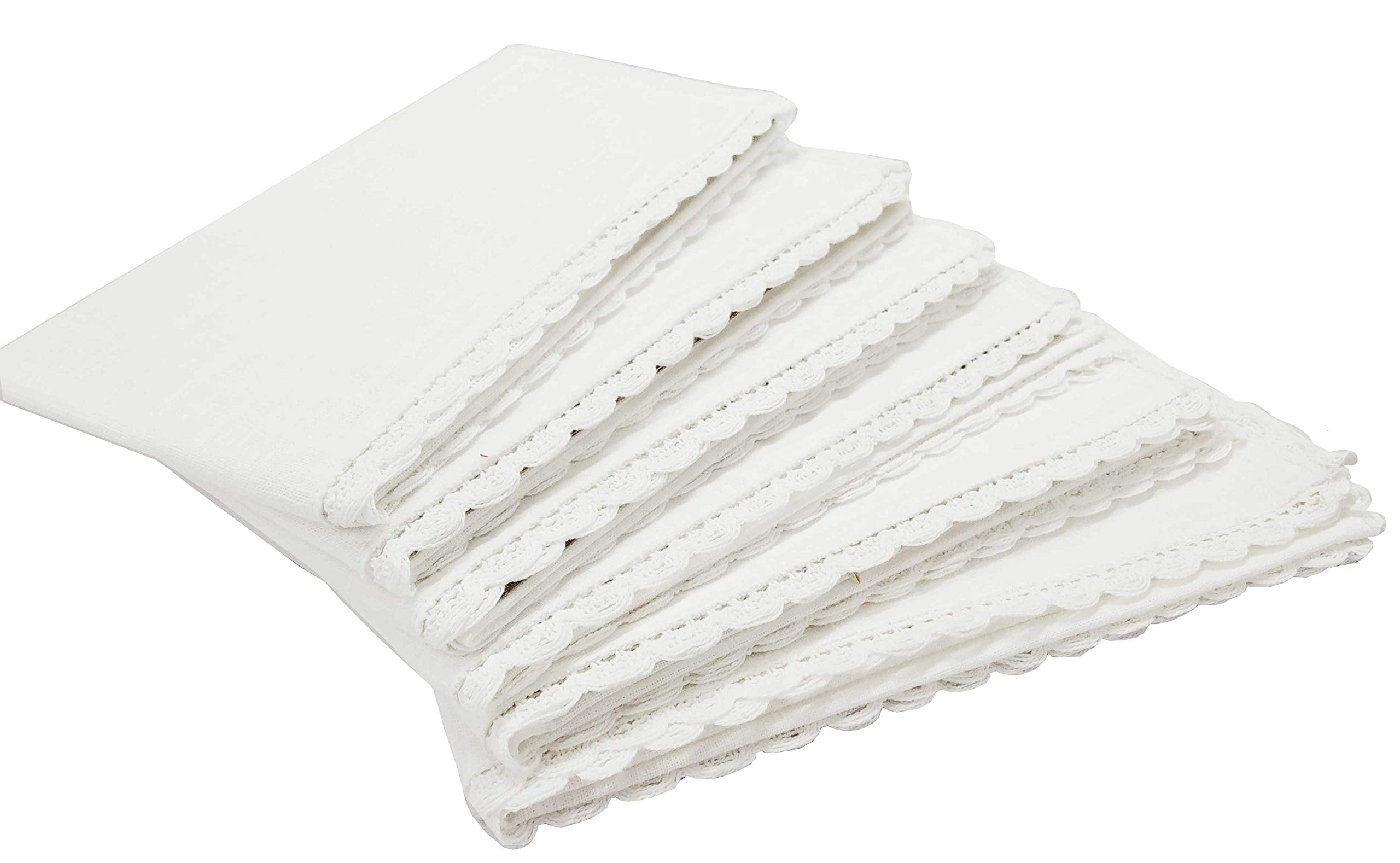 Linen Clubs - Cotton Slub Dinner Napkins With Crochet Lace - White - 16X16 (Set Of 6) - 100% Cotton Slub With Linen Look