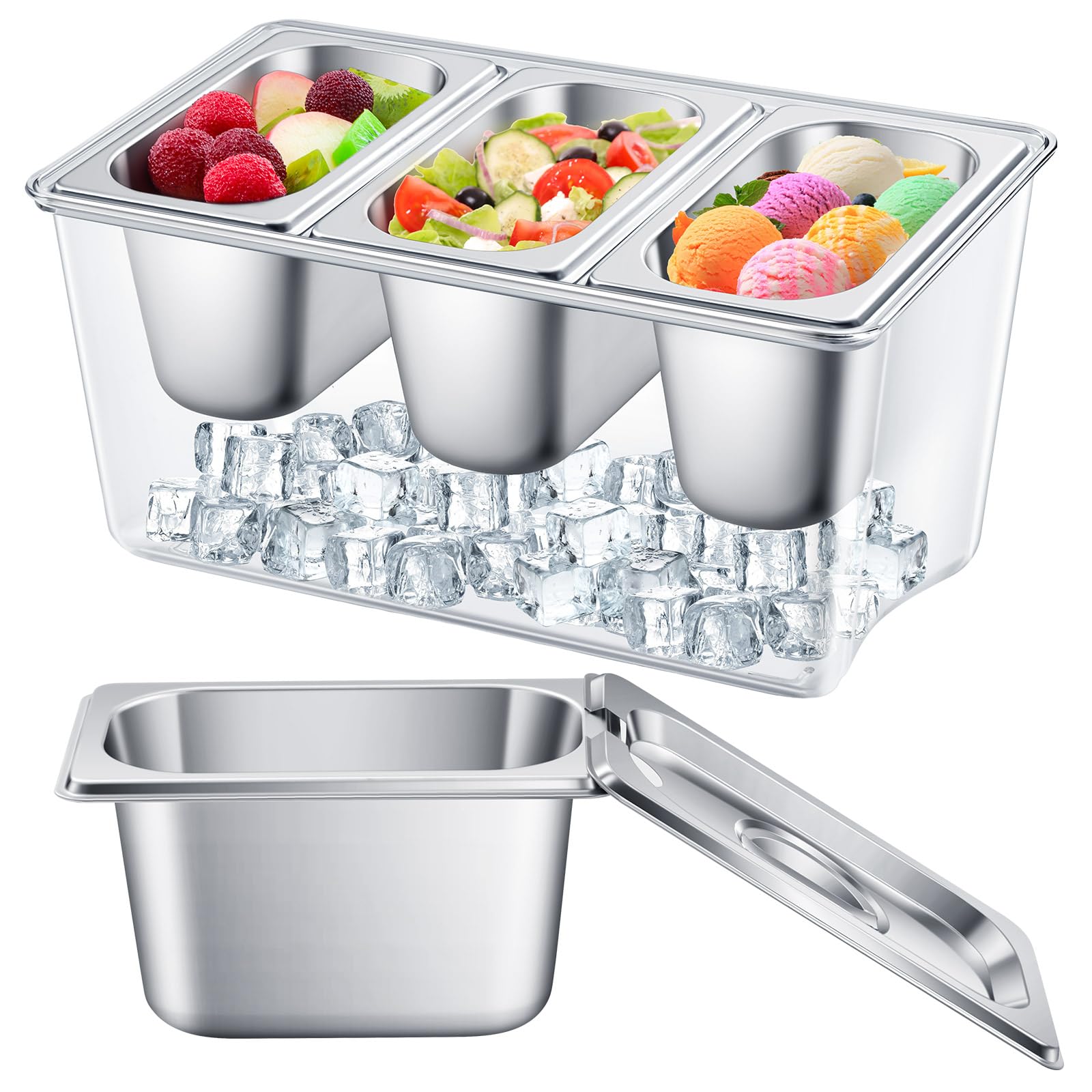 Singhoow 3 Containers Ice Chilled Condiment Caddy 30.5 oz Stainless Steel Serving Dish with Lids (3.75 Cup) for Bar Cold Accesso
