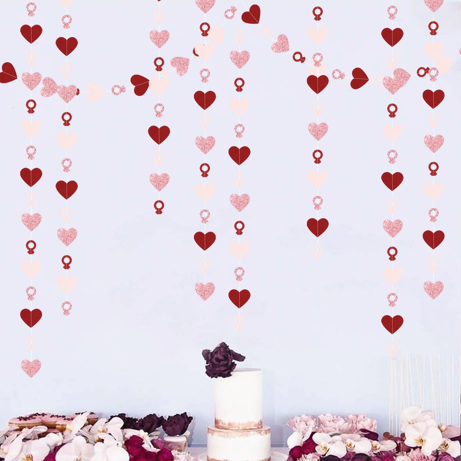 Rose-Gold Pink Burgundy-Red Heart-Ring Garland - 52Ft Engagement Bachelorette Party Decorations Wedding Paper Streamers Banner,V