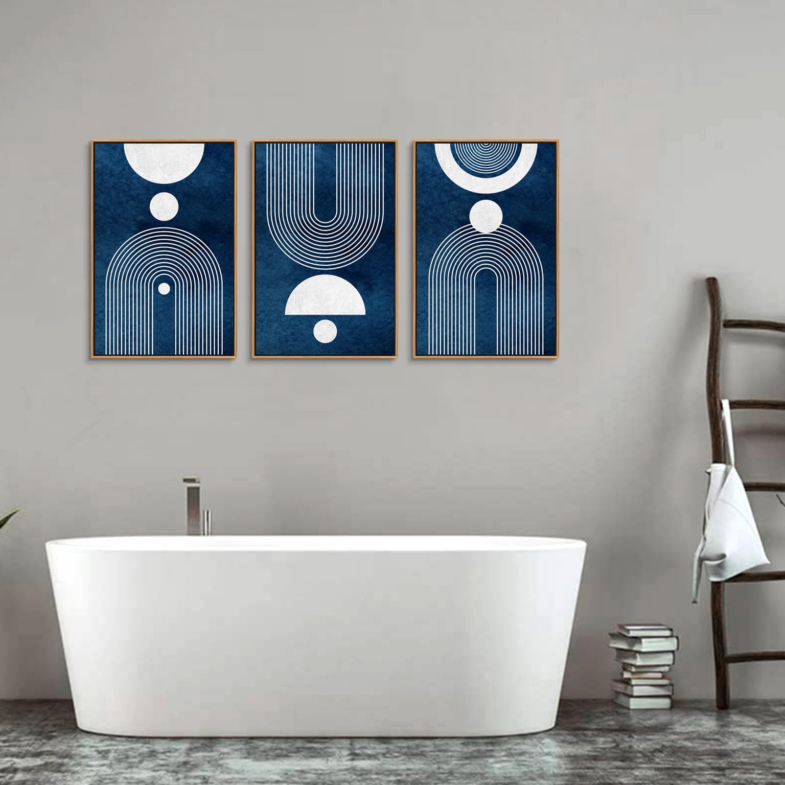 Framed Boho Canvas Wall Art - Mid Century Modern Geometric Pictures Prints Blue And White Minimalist Artwork Bohemian Wall Art F