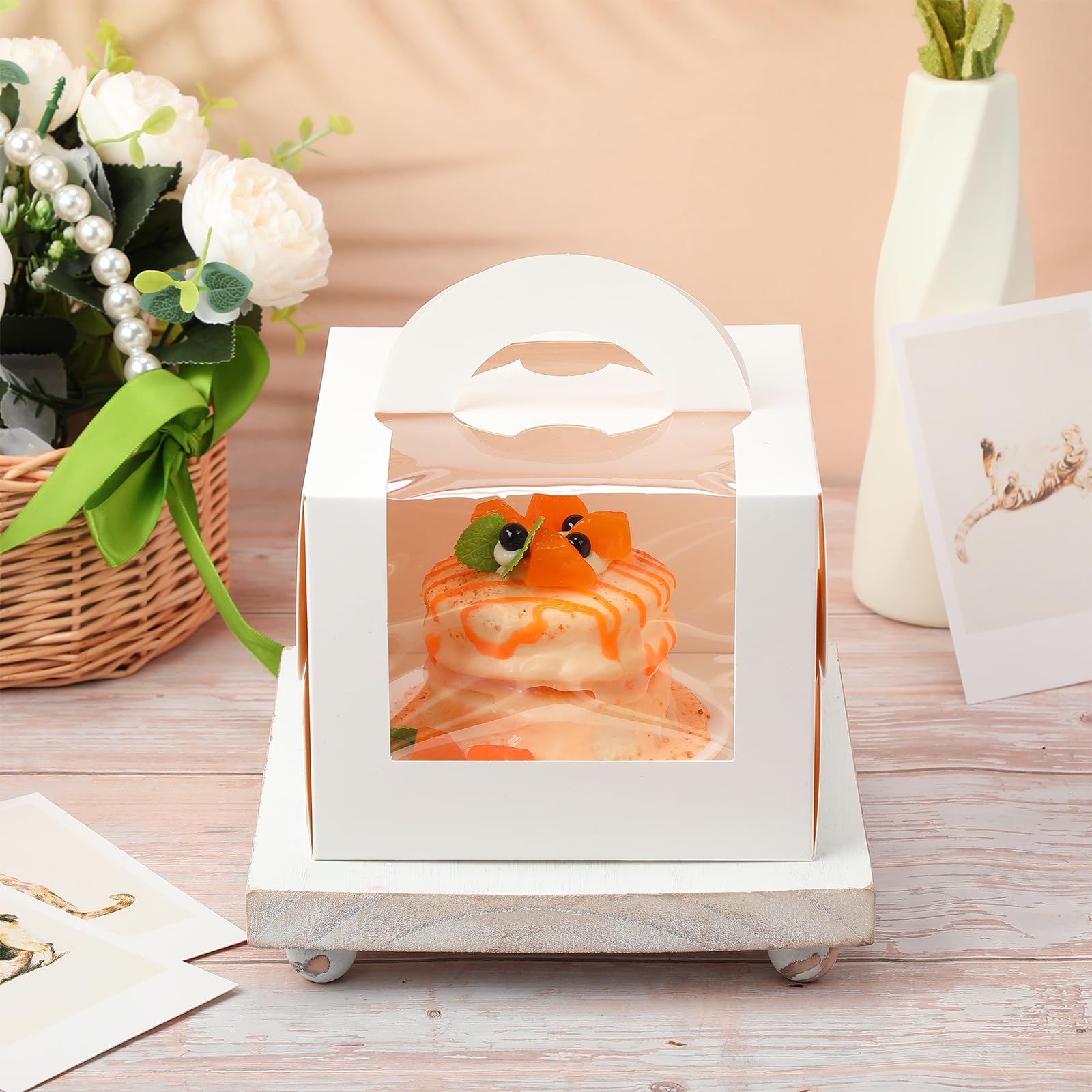 LOYIM 32 Pcs Bento Cake Boxes 6 x 6 x 5 Inch Paper Bakery Box with Board Window and Handle Cupcake Holder Carrier Gift Container