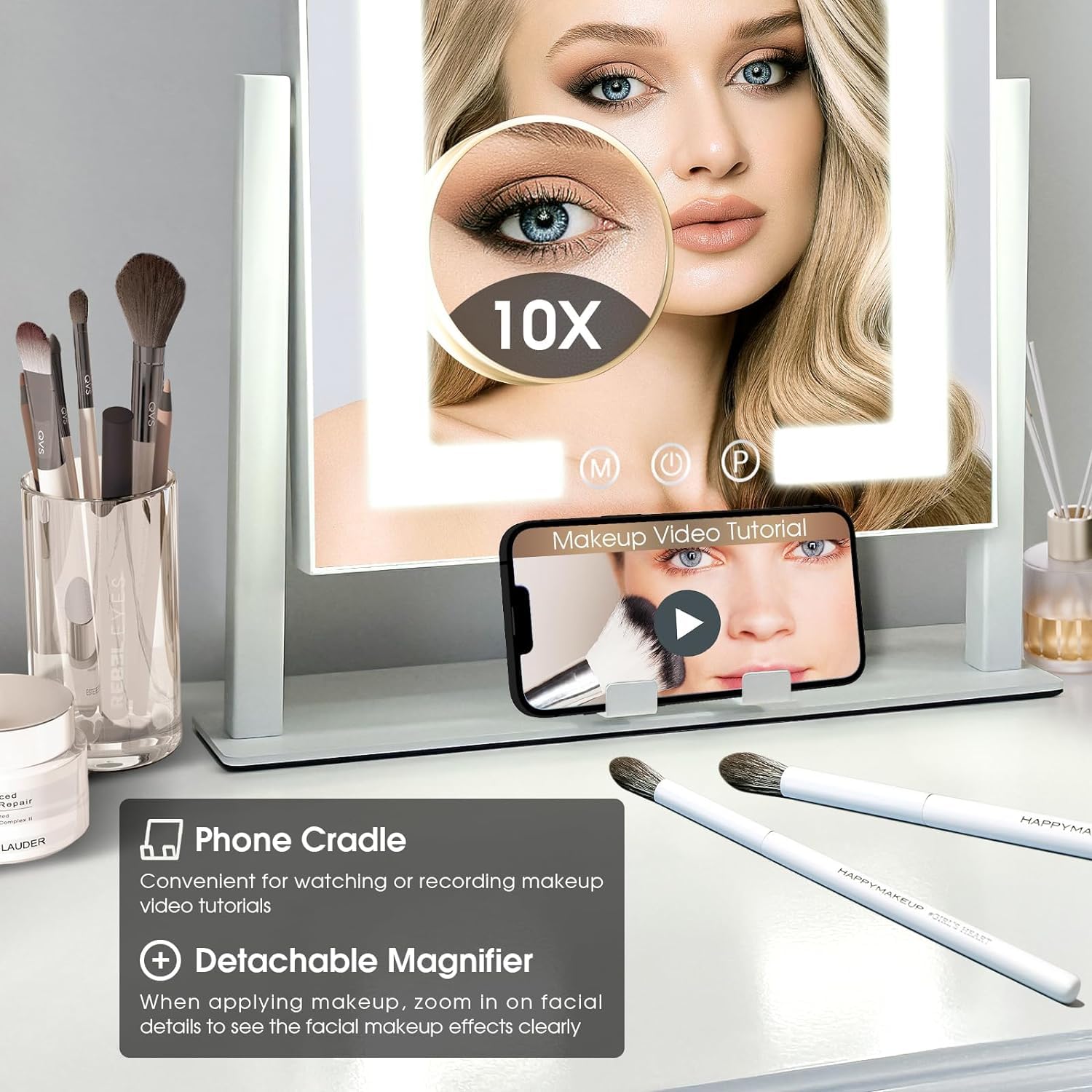 Kottova Makeup Mirror with Lights Vanity Mirror Lighted up Mirror with Phone Holder 3 Color Modes Touch Control  Detachable 10X Magnification Mirror  Metal Frame White