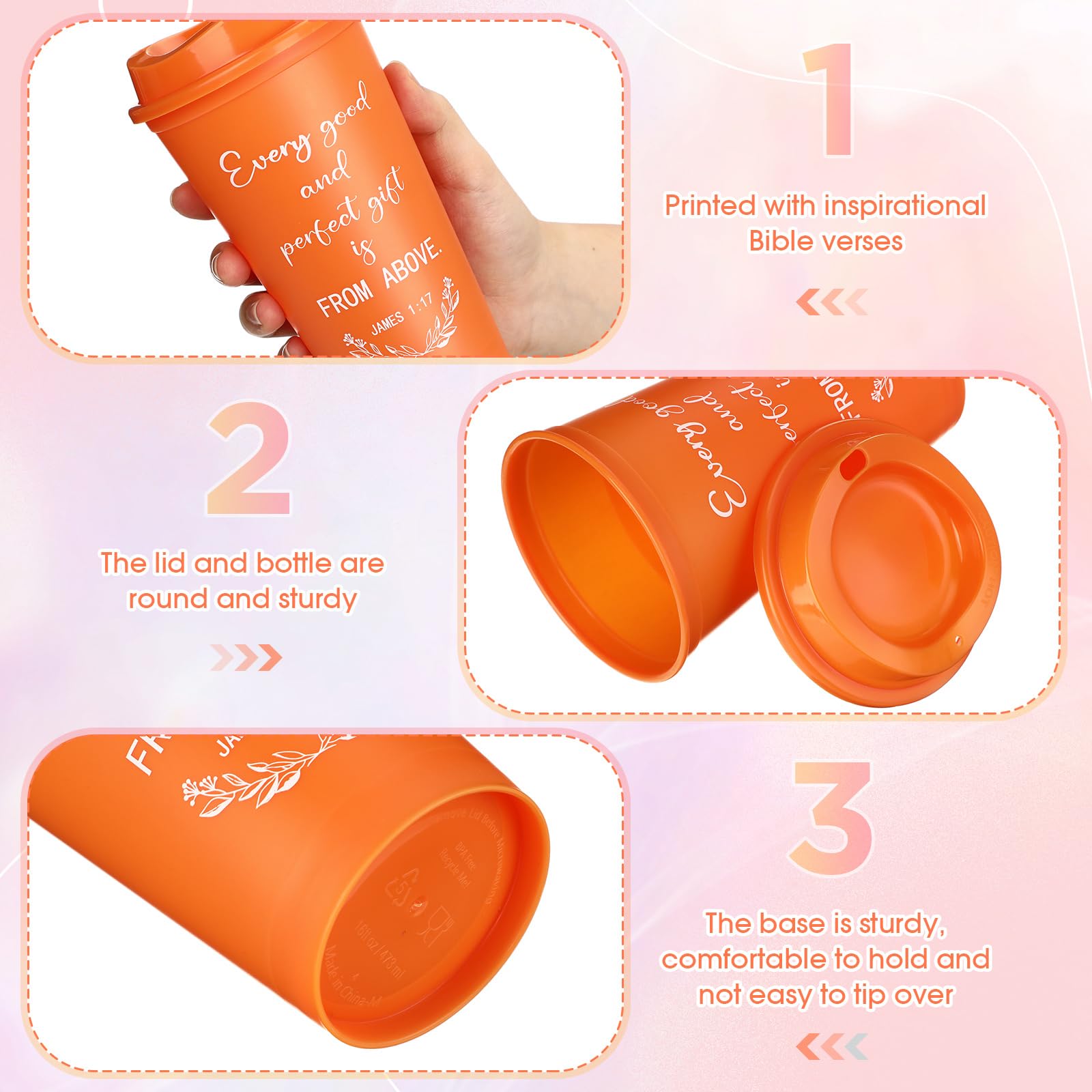 Skylety 60 Pack Christian Gifts for Men Women 16oz Reusable Bible Verse Tumbler Bulk Plastic Coffee Cups with Lids Inspirational