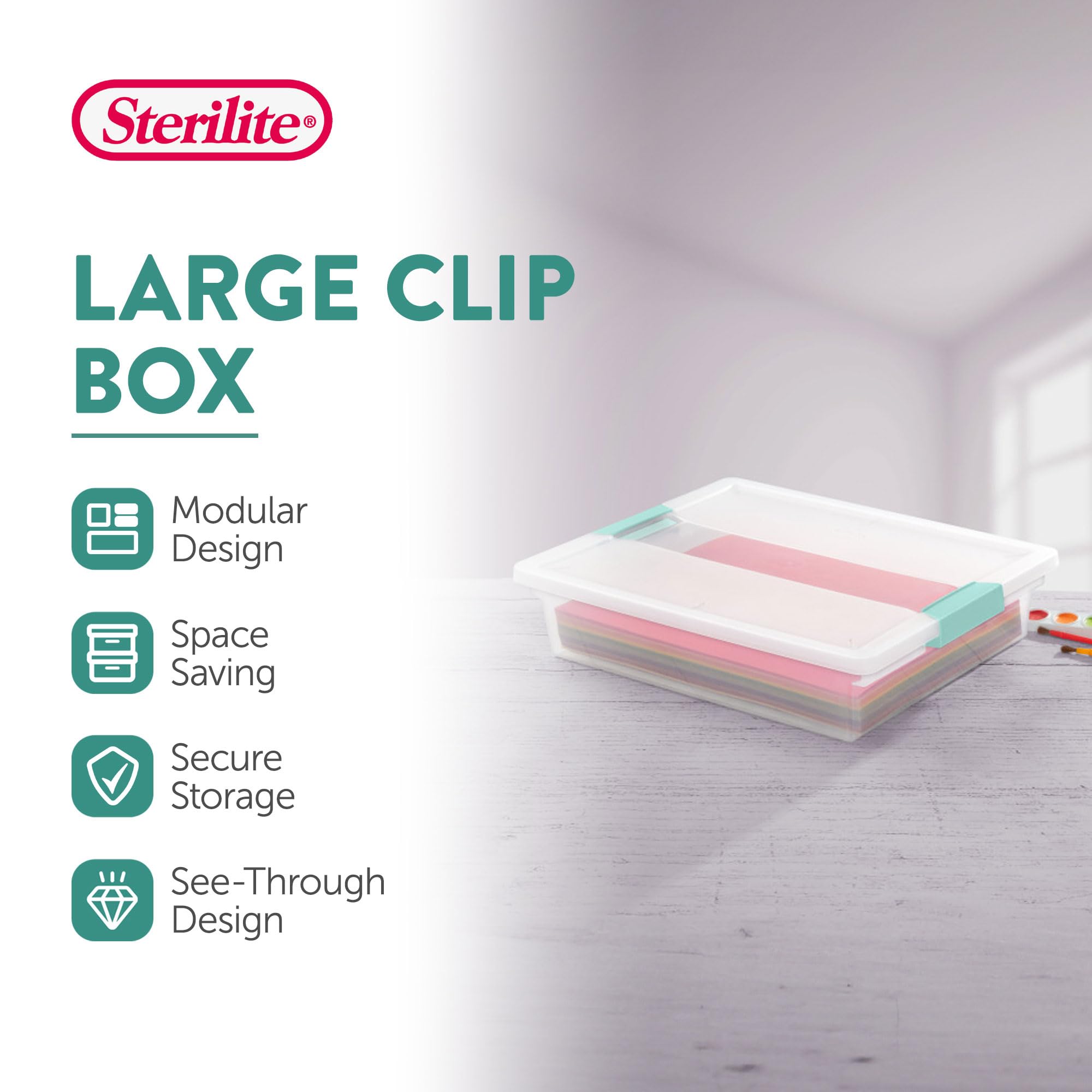 Sterilite Large Clip Box  Stackable Small Storage Bin with Latching Lid  Plastic Container to Organize Paper  Office  Clear Base and Lid  6-Pack