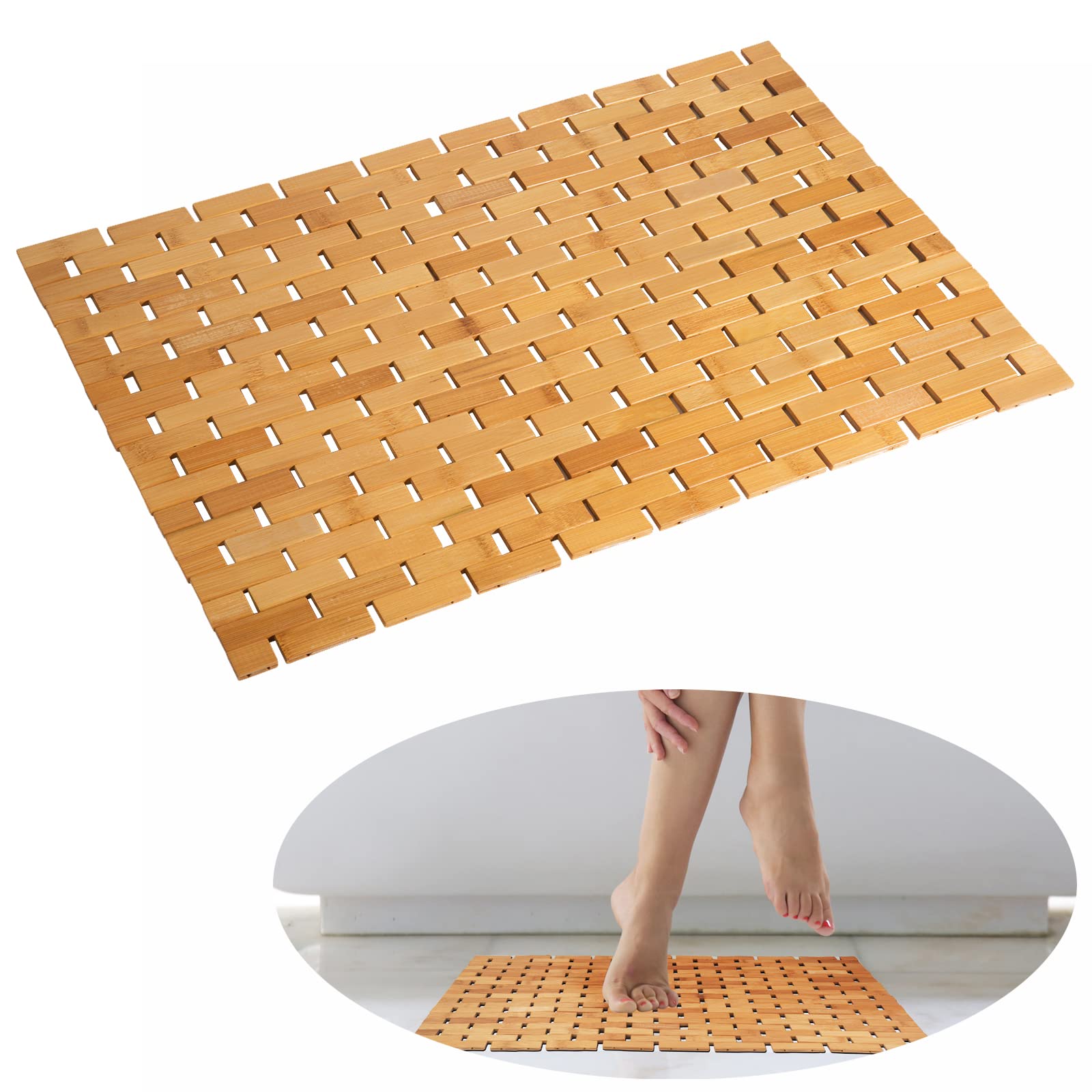 Bamboo Bath Mat Bathroom Rugs Floor Wood Shower Bathtub Waterproof Non Slip Accessories 16X24 Inch Easy To Clean, Natural, 1 Pc