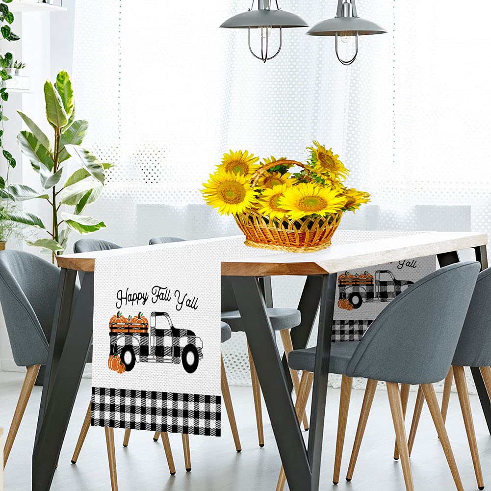 Fall Pumpkin Truck Table Runner, Seasonal Autumn Buffalo Plaid Pumpkin Holiday Kitchen Dining Table Decoration For Home Party De