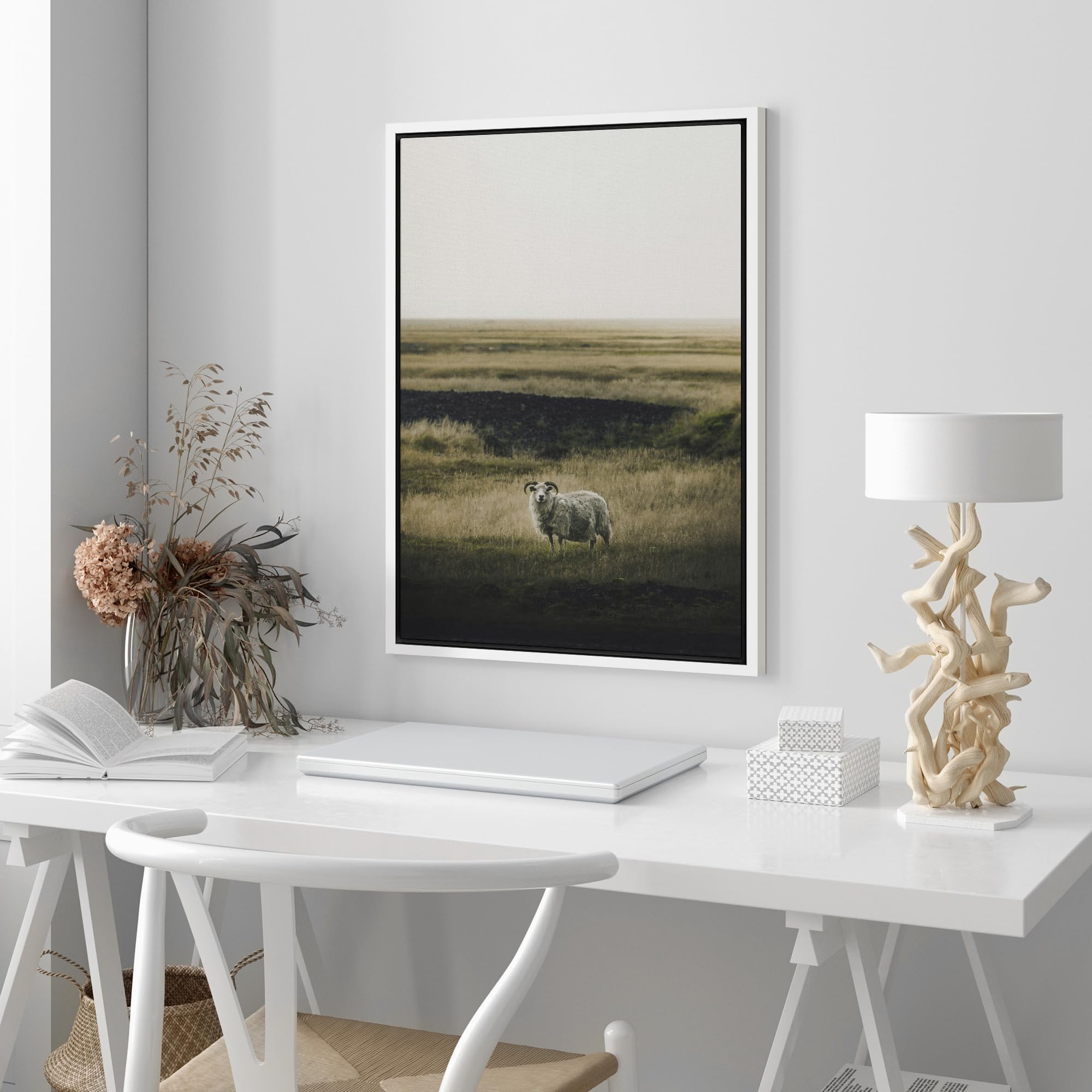 Wall26 Framed Canvas Print Wall Art Lone Sheep In Vast Grassland Animals Photography Realism Rustic Scenic Landscape Wilderness