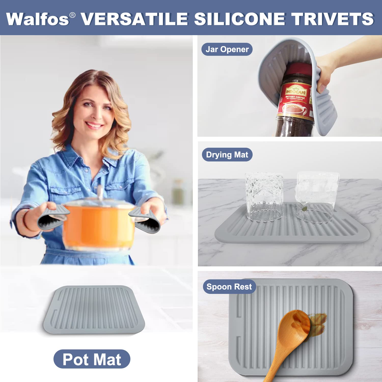 Walfos Silicone Trivets for Hot Pots and Pans - Heat Resistant Hot Pads for Kitchen Counter- Multi-Purpose & Versatile Trivet Mat - Durable & Flexible Silicone Hot Pad