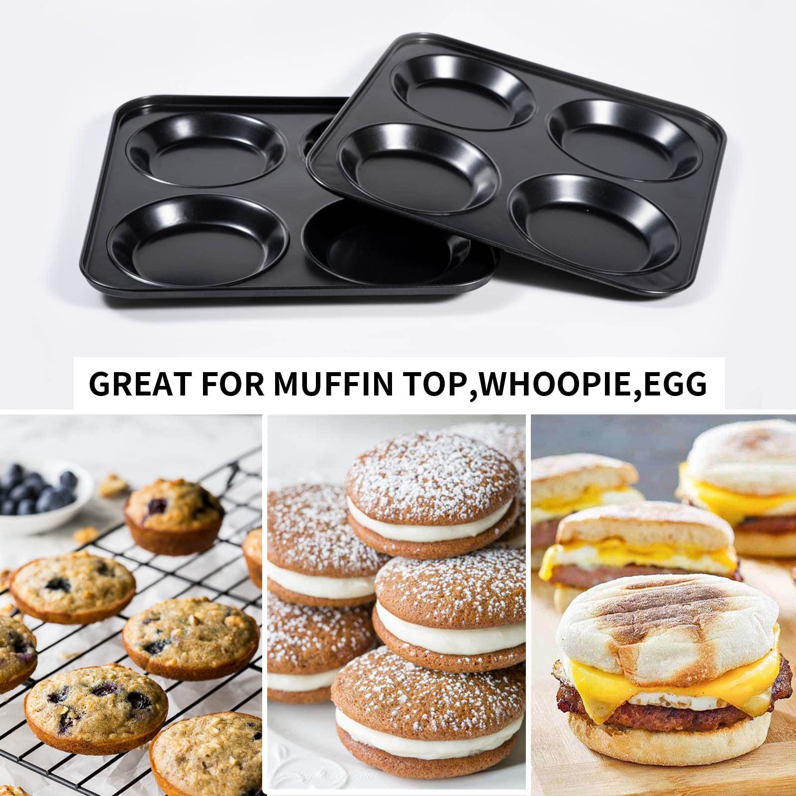 Yorkshire Pudding Pan, 4 Inch Muffin Top Pans 2 Pack Nonstick Hamburger Whoopie Pie Pan Egg Sandwich Molds Small Round Bread Rol