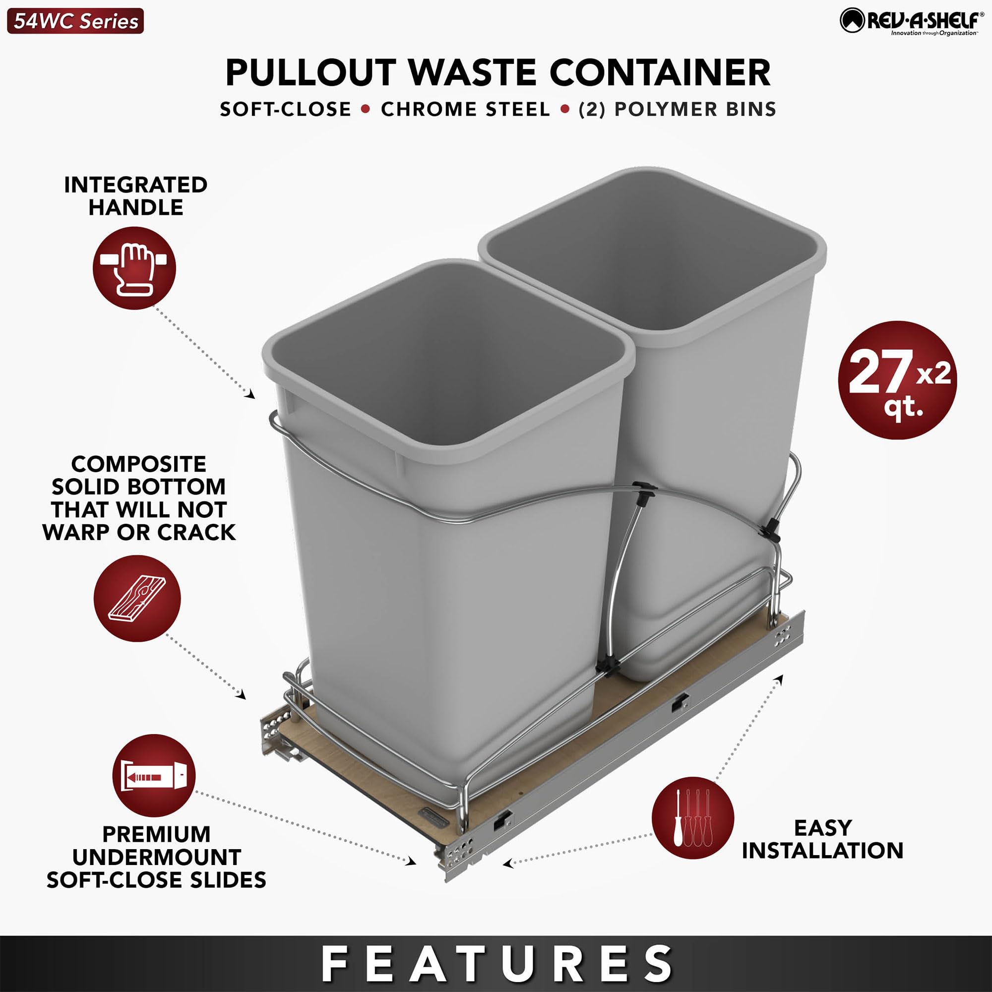 Rev-A-Shelf Steel Bottom Mount Double 27 Quart 6.75 Gallon Waste Bin Trash Container For Under Kitchen Cabinet With Soft Close,