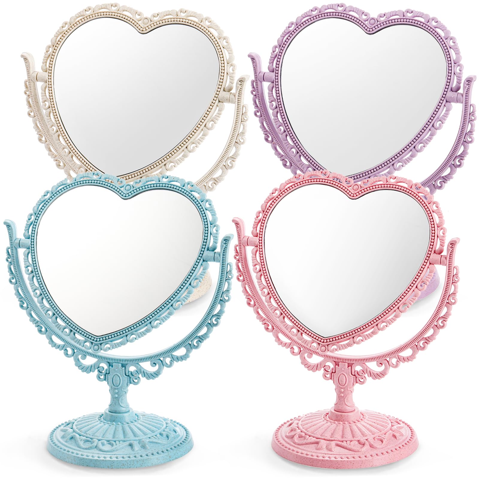 Deayou 4 Pack Heart Shaped Cosmetic Mirror, Vintage Vanity Tabletop Mirror With Double Sided, Rotatable Dresser Mirror With Stan
