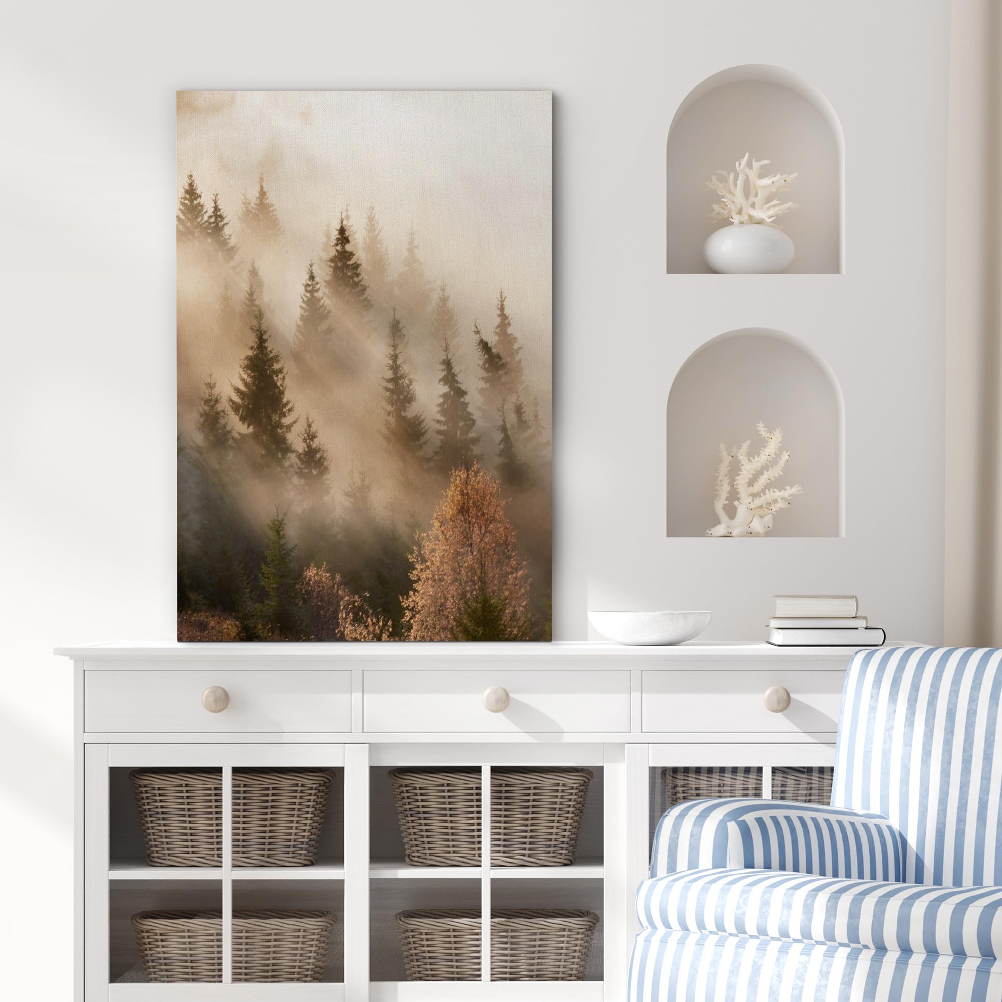 Signford Canvas Print Wall Art Misty Forest Sunrise Enchanted Woods And Morning Light Photography Realism Decorative Scenic Mult