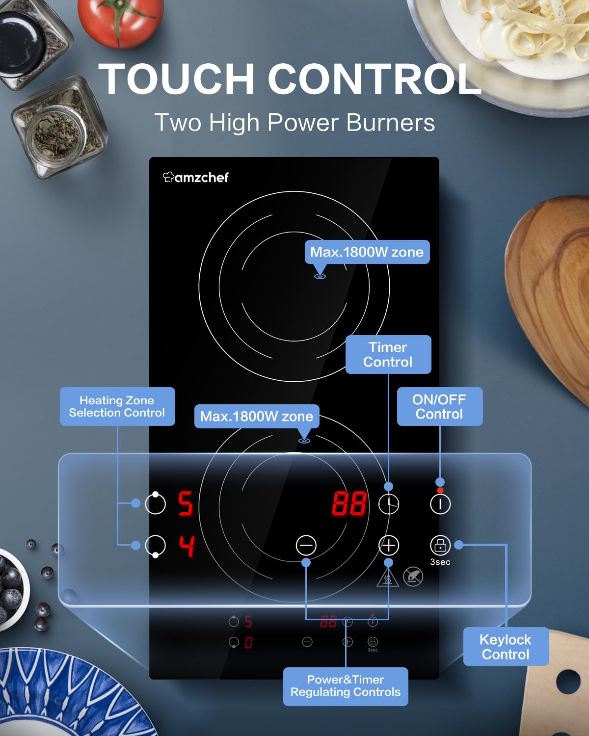 AMZCHEF Electric Induction Cooktop 2 Burners 12'' Electric Stove Top with Plug 1800W  120V  9 Power Levels  Child lock  Timer  Touch Control  Induction Stove for Fast Cooking  Bulit-in&Countertop