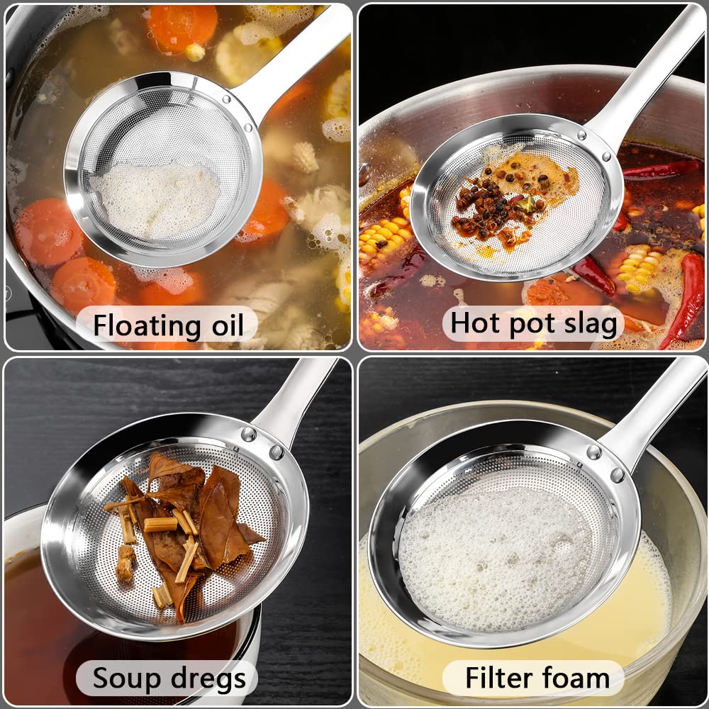 Hvanam Sieve Fine Mesh Strainer Set Stainless Steel Metal Flat Cooking Skimmer Ladle Colander With Handle Food Strainer Kitchen