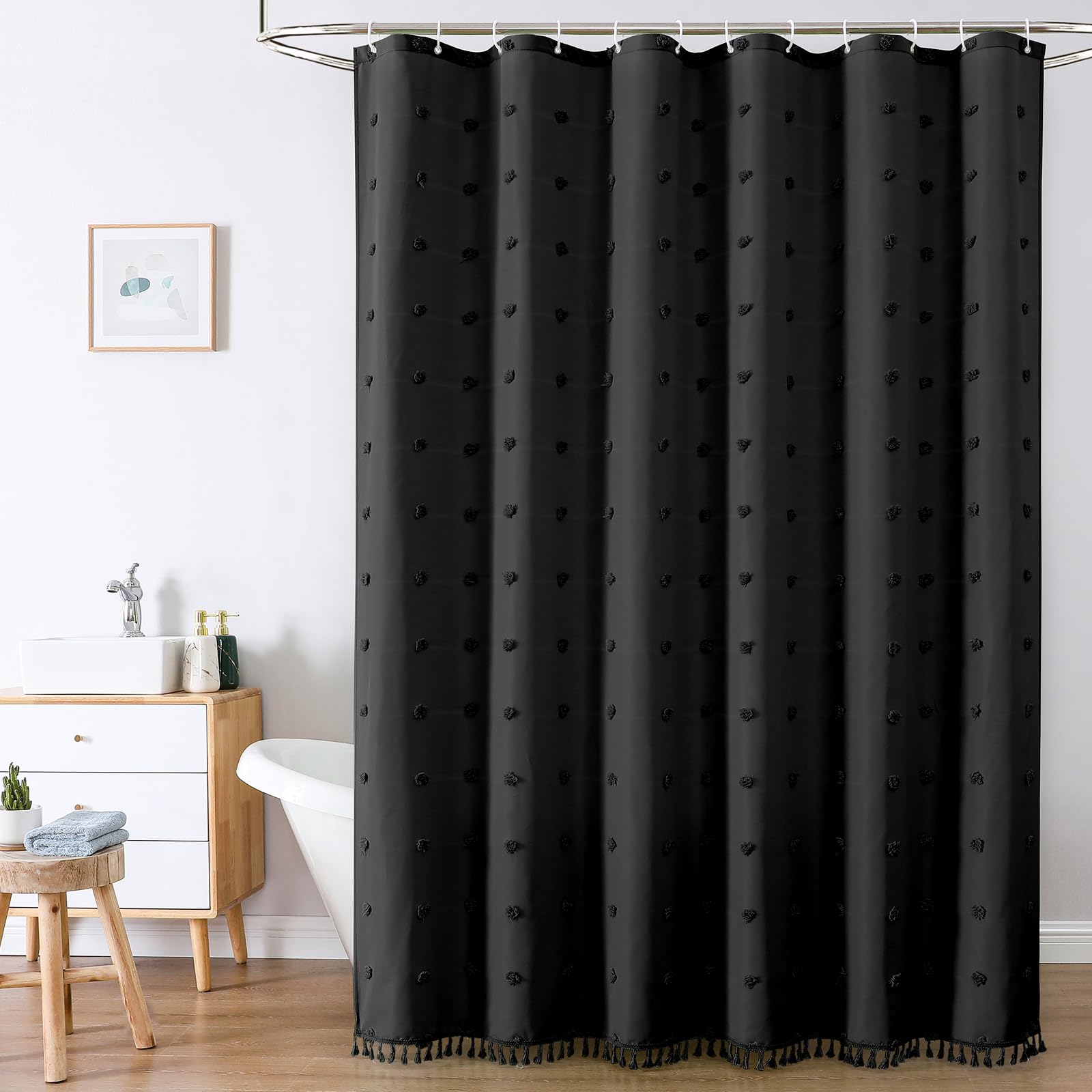 Lilycat Boho Farmhouse Black Fabric Shower Curtain, 72X72 Tufted Pleat Floral Puffs Textured Tassel Cute Shower Curtain For Rust