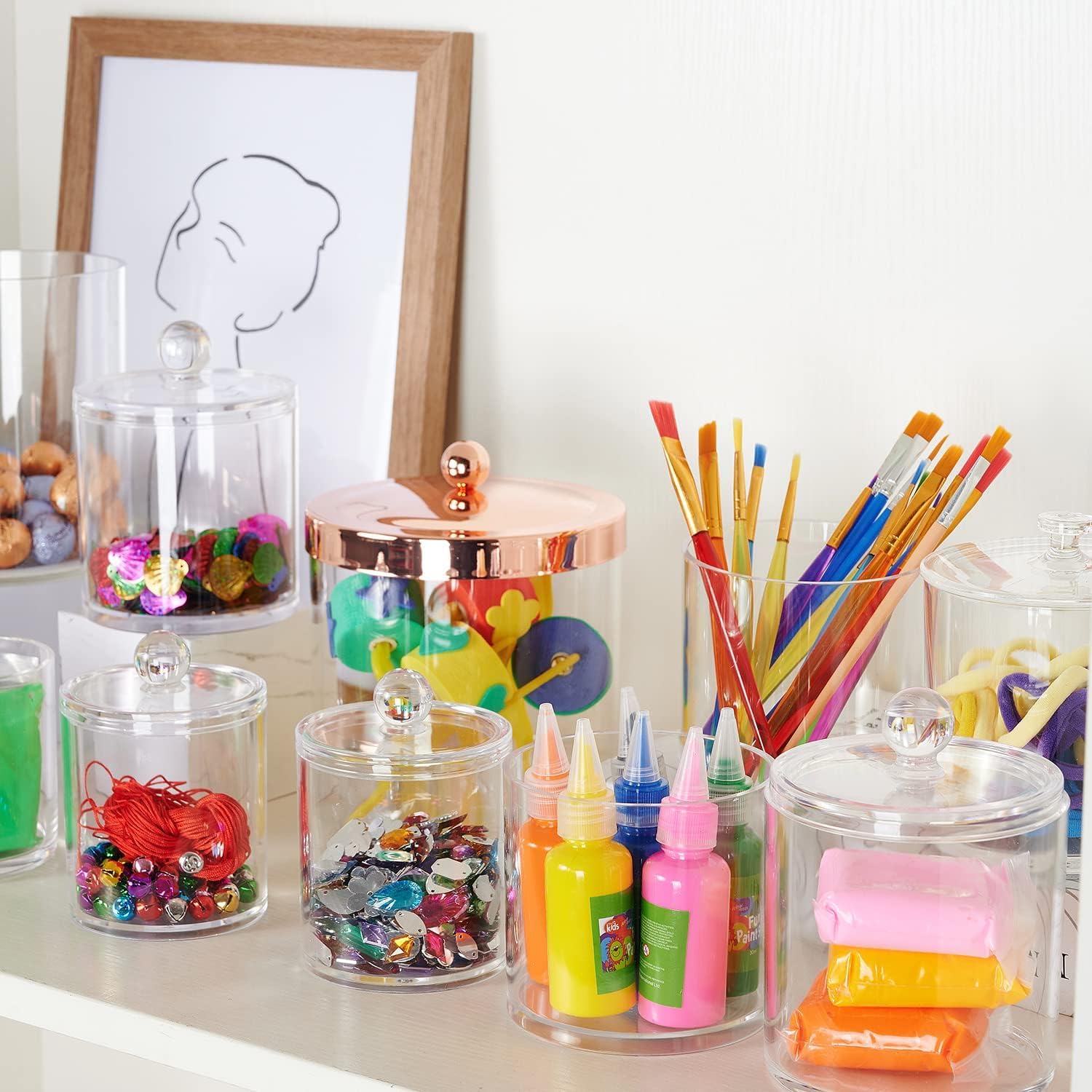 6 Pack of 12 Oz. Qtip Dispenser Apothecary Jars Bathroom with Labels - Holder Storage Canister Clear Plastic Acrylic Jar for Cotton Ball Cotton Swab Cotton Rounds Floss Picks  Hair Clips (Clear)