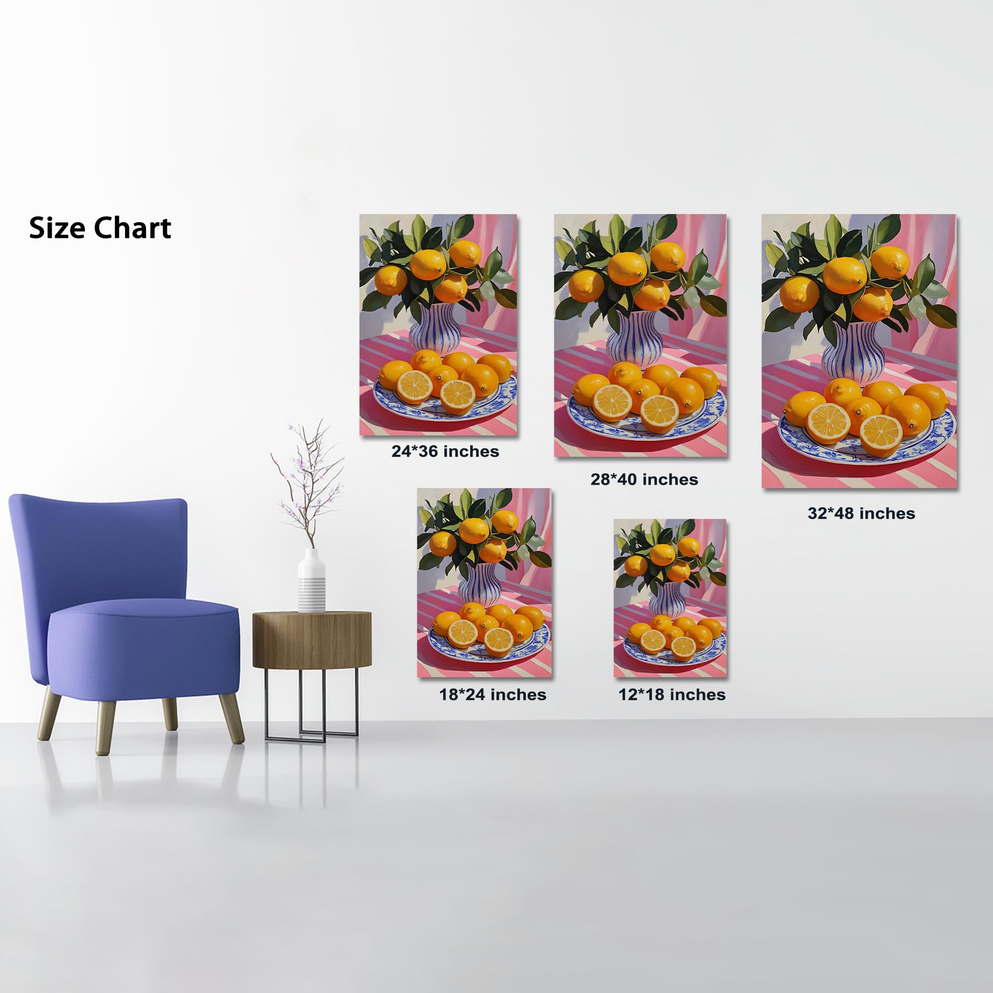 Uzmkm Lemon Wall Art, Oranges Poster & Blue White Vase Canvas Prints For Kitchen Wall Decor, Framed Modern Country Landscape Bot