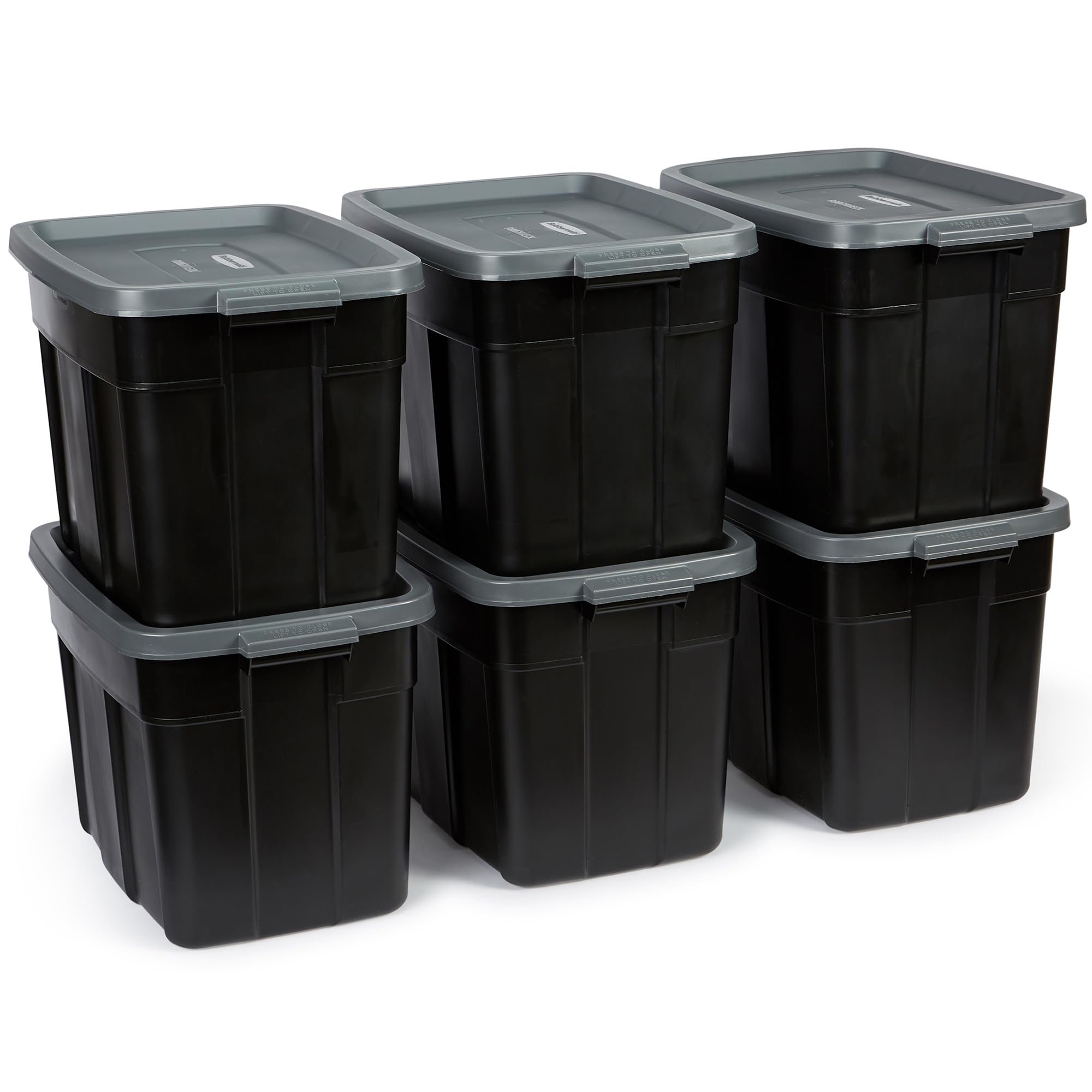 Rubbermaid Roughneck Tote 18 Gal - 6 Pack ,Made In The Usa, Black & Grey, Rugged Plastic Stackable Storage Tote With Lid And Han