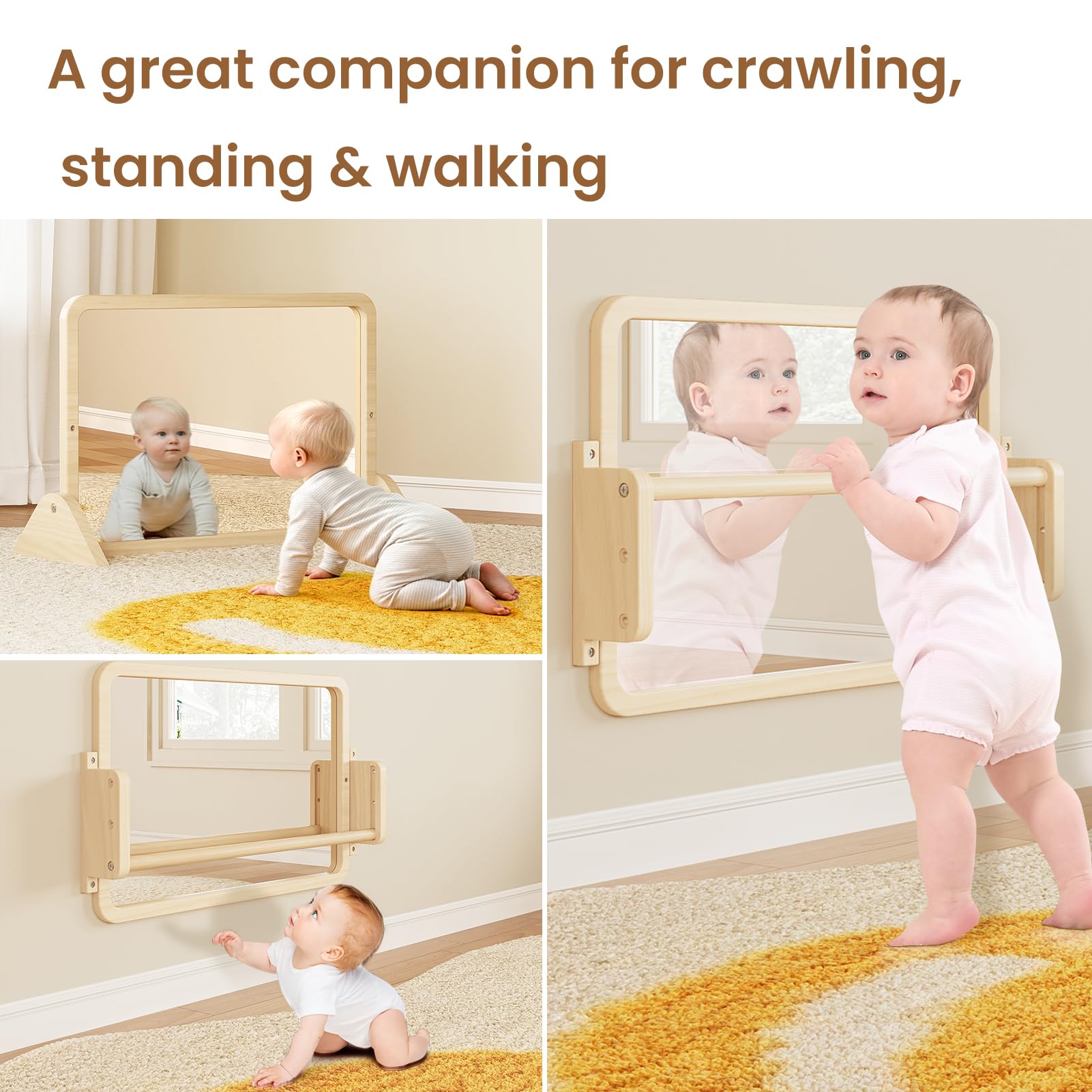 Woodtoe 3-in-1 Montessori Mirror with Bar, Adjustable Toddler Mirror & Pull Up Bar, Montessori Learning Toy for Baby 6-18 Months