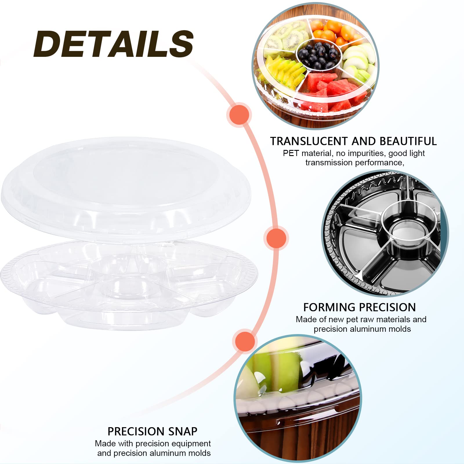 10 Pcs Round Plastic Appetizer Tray With Lid - Divided Serving Tray, Disposable Food Storage Trays Containers, Plastic Tray Stor