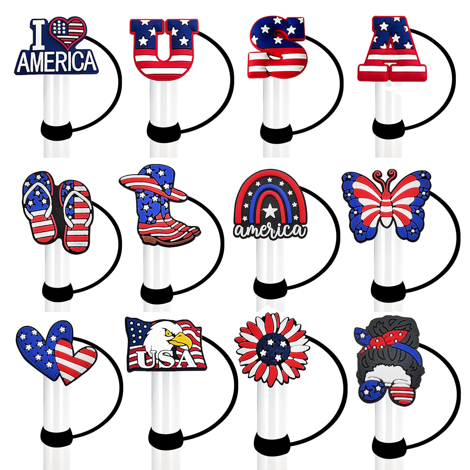 12Pcs 4Th Of July Patriotic Straw Cover Cap For Stanley Cups 30&40 Oz Tumbler Accessories American Flag Reusable Silicone Drinki