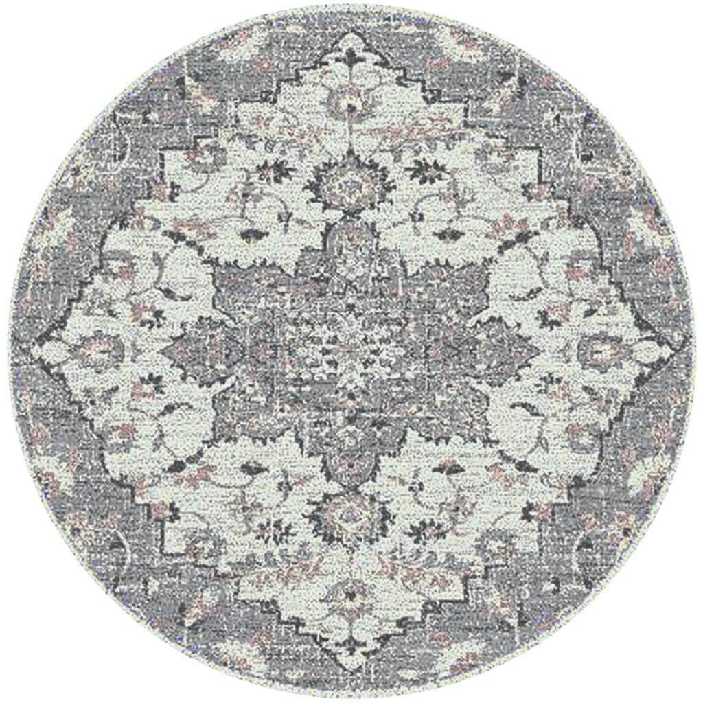HomeRoots 531560 7 ft. Round Medallion Power Loom Round Rug Gray