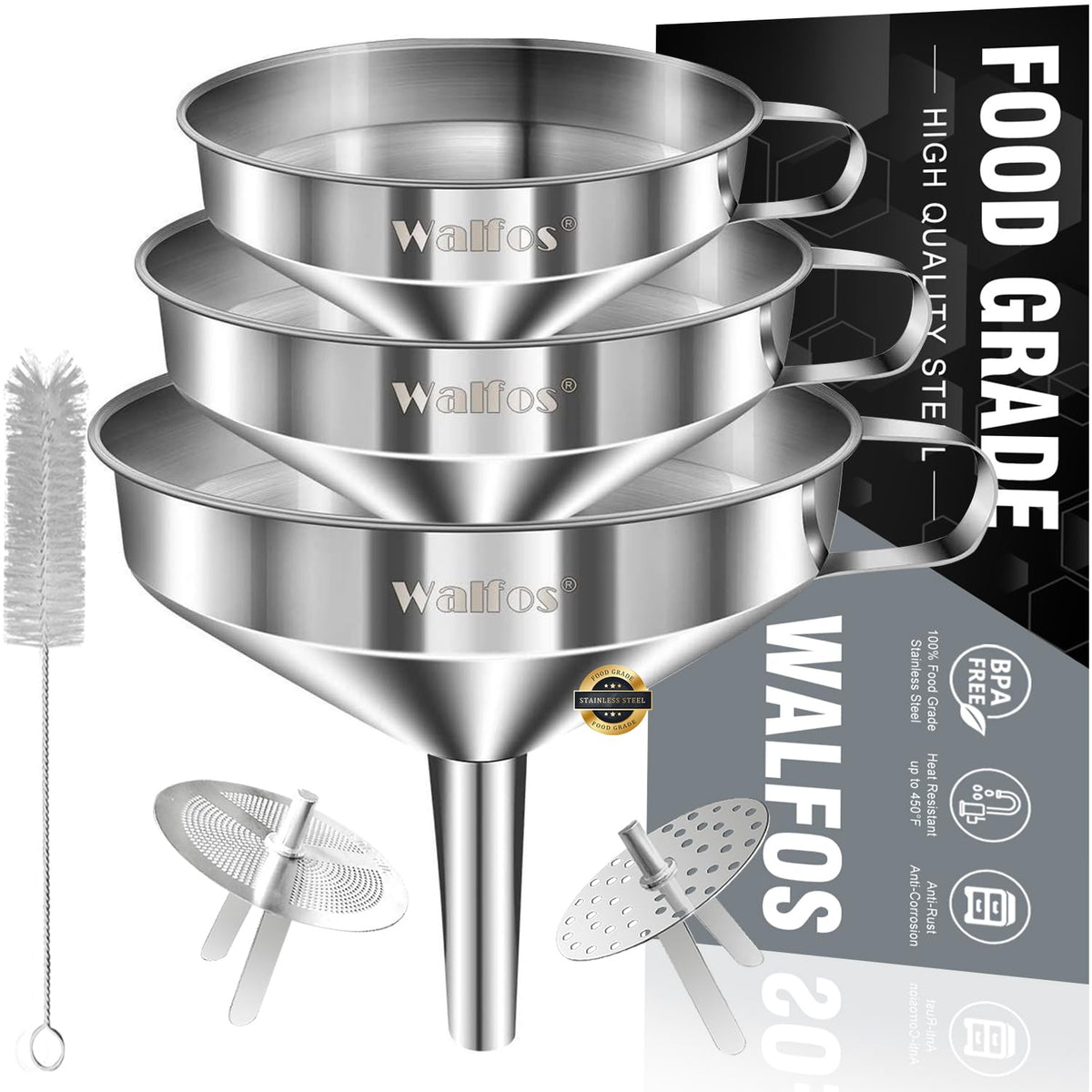 Stainless Steel Funnel, Walfos 3 Pack Kitchen Funnel With 2 Removable Strainer & 1Pcs Cleaning Brush, Perfect For Transferring O
