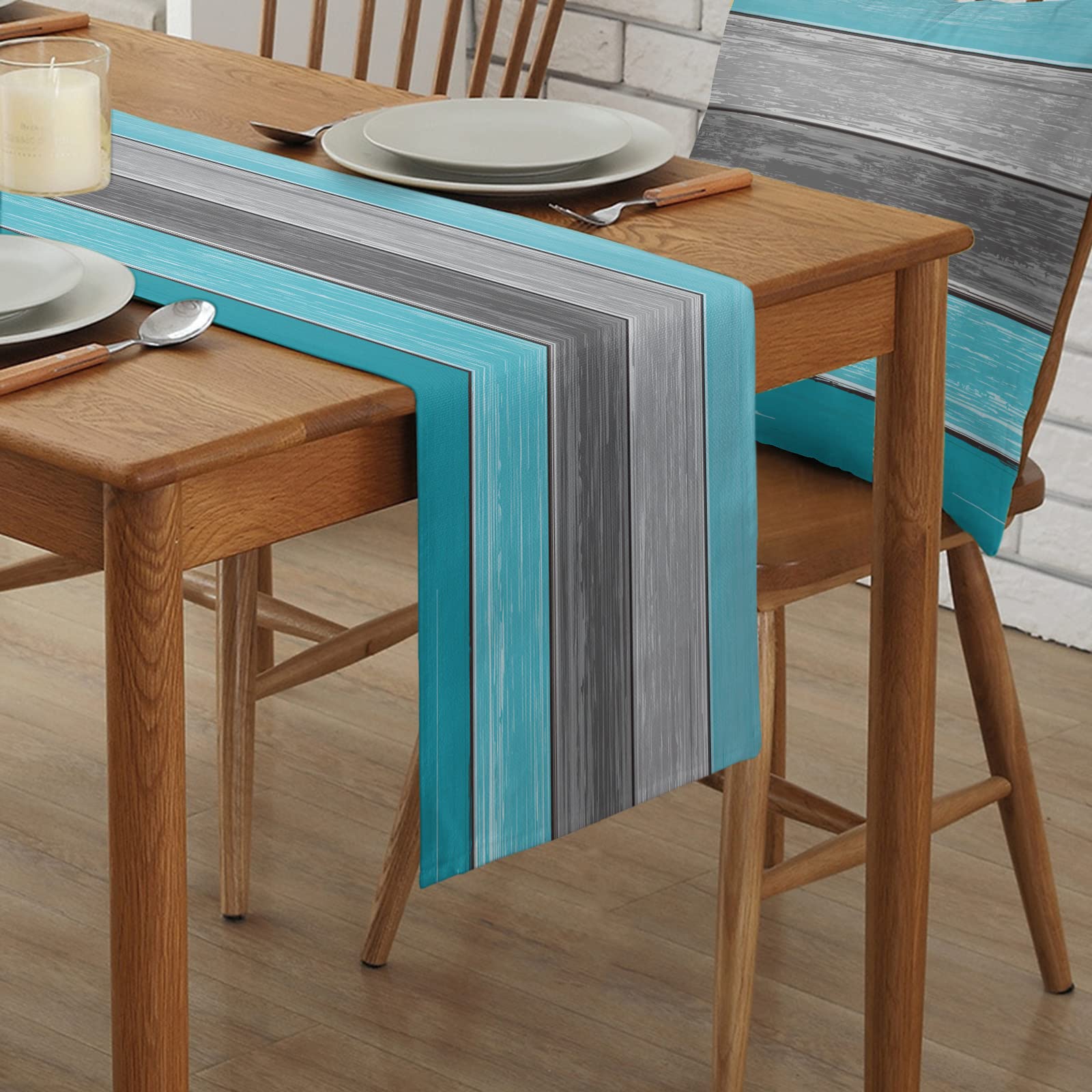 Vandarllin Farmhouse Cotton Linen Table Runner Dresser Scarf Retro Rustic Barn Wood Texture Ombre Aqua Blue Gray Non-Slip Rectan