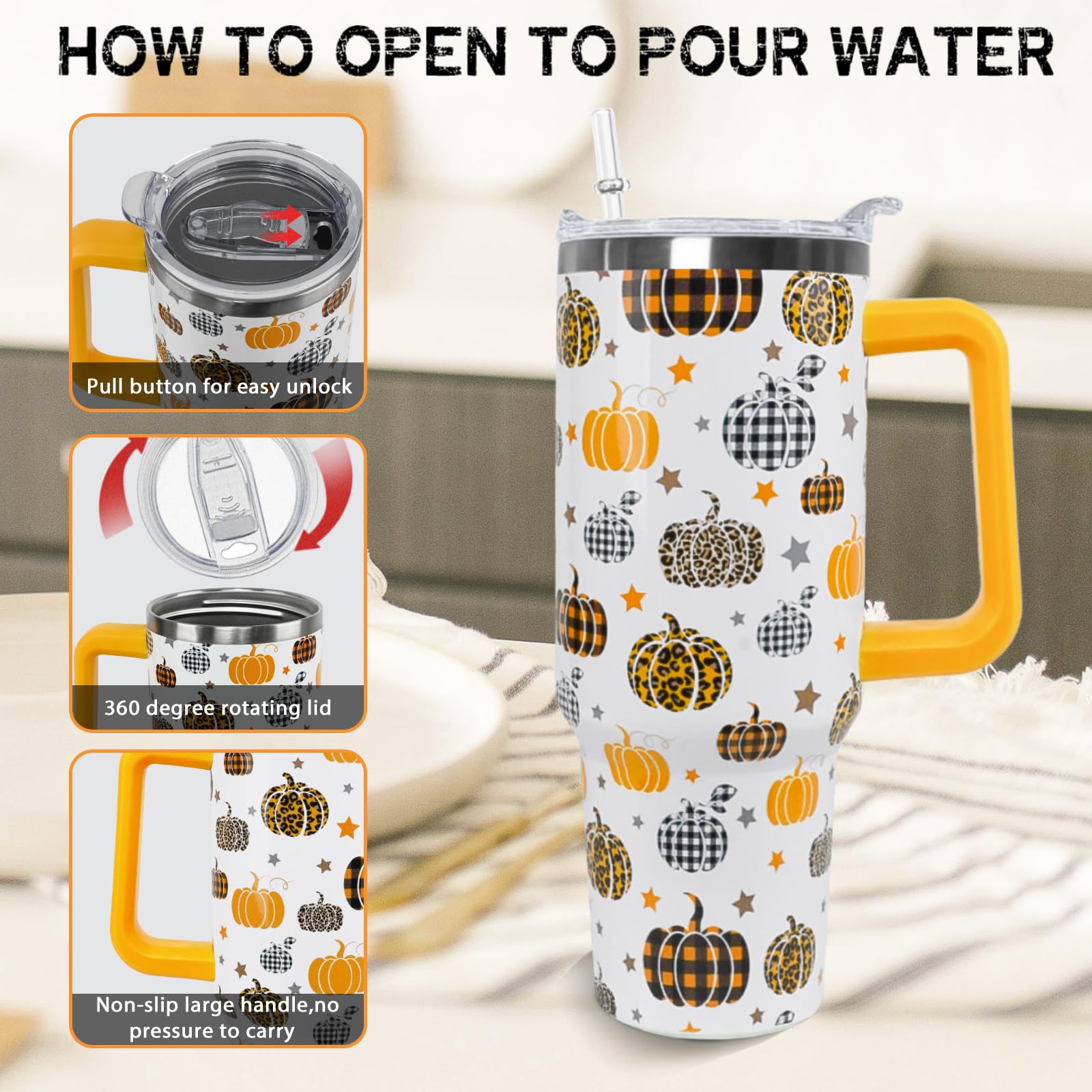 Nqhsionv Fall Tumbler 40 oz Thanksgiving Cup Pumpkin Coffee Travel Mug Autumn Stainless Steel Insulated Cups Water Bottler with