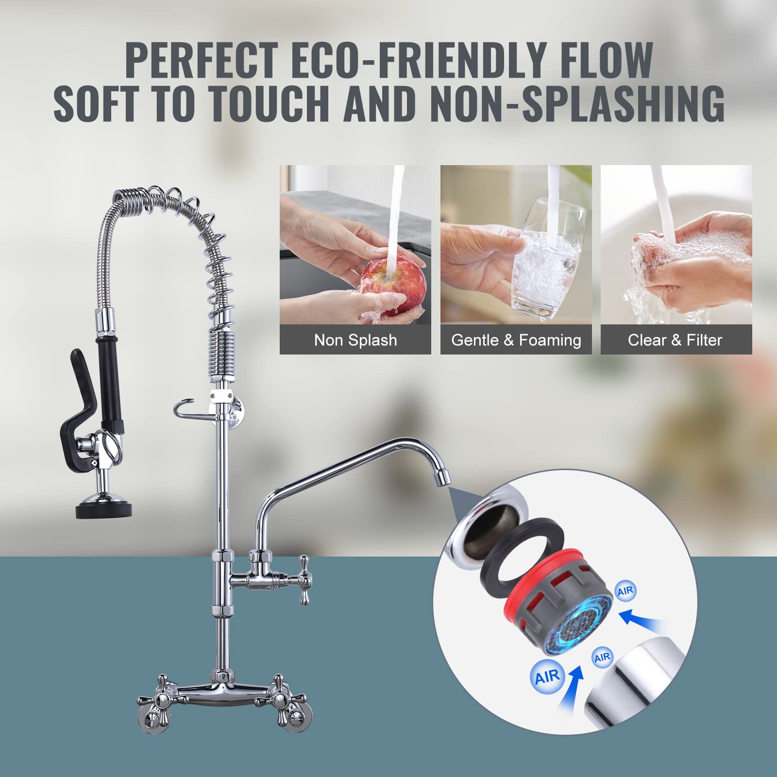 Iviga 26'' Height Commercial Kitchen Faucet Wall Mount With Pre-Rinse Sprayer, 4'' To 9'' Adjustable Center With Humanized Handl