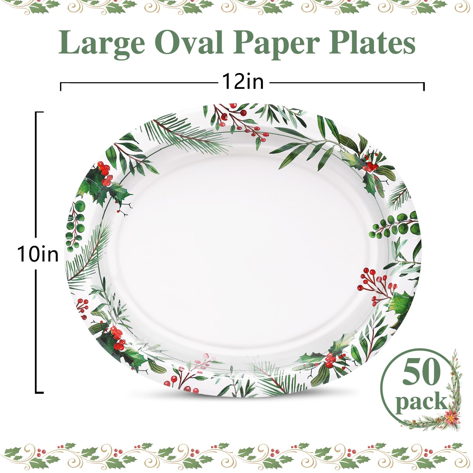 VEIZEDD 50 Count Oval Christmas Plates, 12x10 Heavy Duty Paper Plates with Holly Leaves Red Berries for Xmas Holiday Wedding Gre