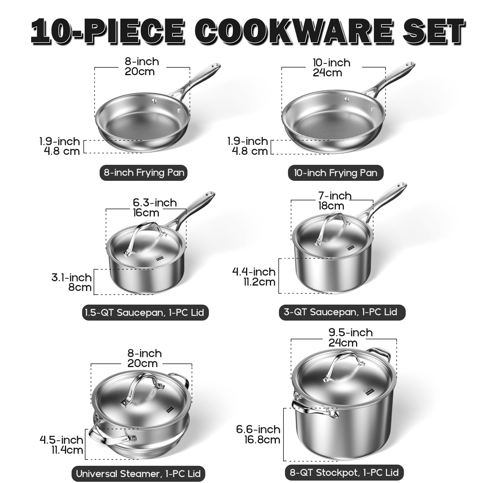 Cooks Standard Stainless Steel Kitchen Cookware Sets 10-Piece, Multi-Ply Full Clad Pots and Pans Cooking Set with Stay-Cool Hand