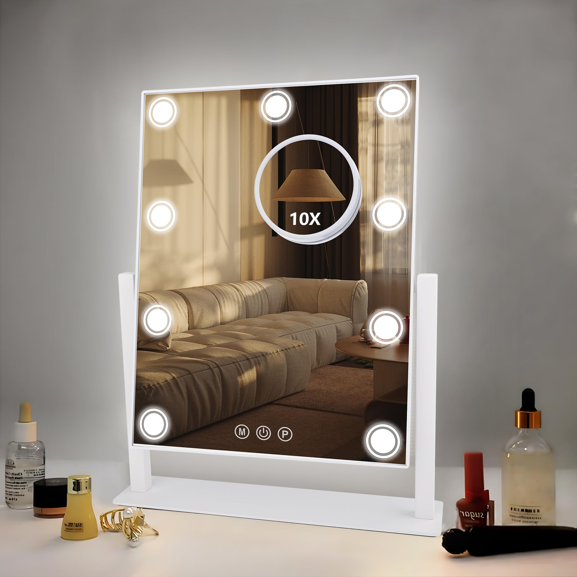 Slimoon Lighted Makeup Mirror, 14''X 12'' Hollywood Vanity Mirror With 9 Led Bulbs, 3 Color Lights, And Detachable 10X Magnifica