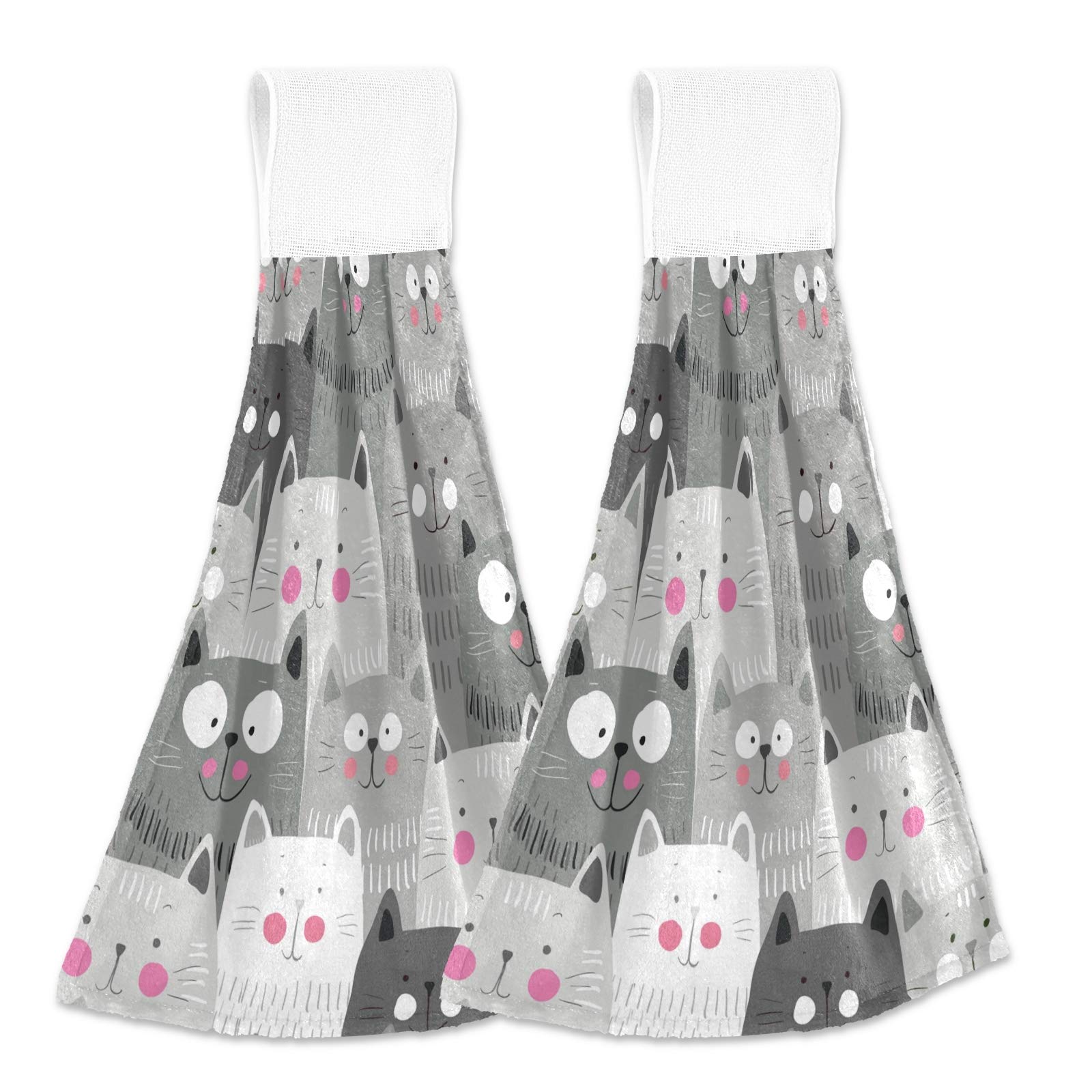Boccsty Cats Kitten Pattern Hanging Kitchen Towels 2 Pieces Funny Gray Kitty Animal Dish Cloth Tie Towels Hand Towel Tea Bar Tow