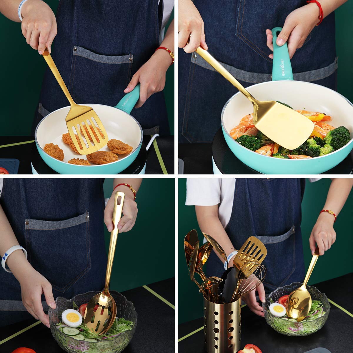 Berglander Gold Cooking Utensils Set, Stainless Steel 13 Pieces Kitchen Utensils Set With Titanium Gold Plating, Kitchen Tools S