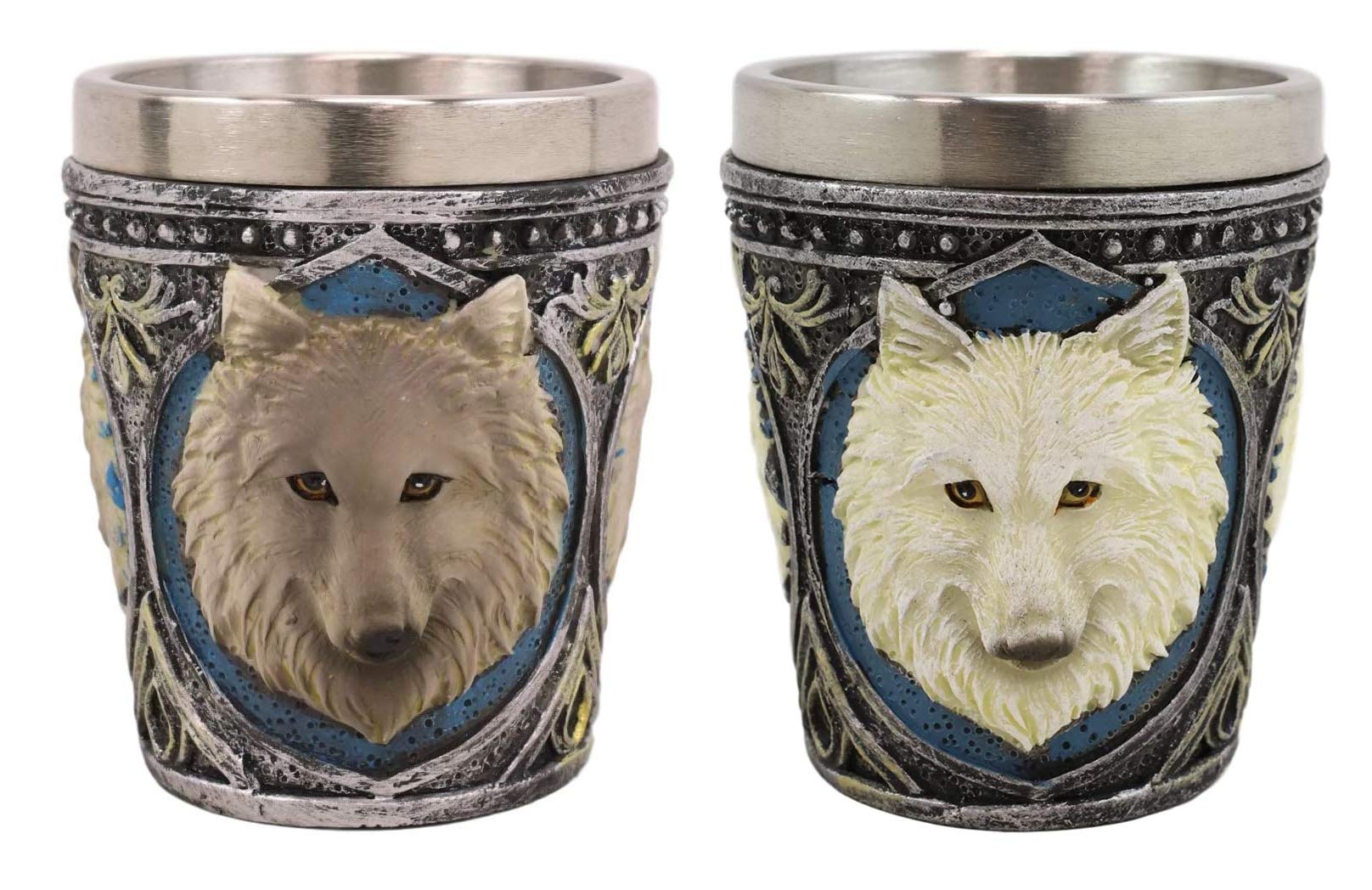 Ebros Pack Of 2 Full Moon Mythical Animal Spirit Gray And White Alpha Wolf Themed 2-Ounce Shot Glass Resin Housing With Stainles