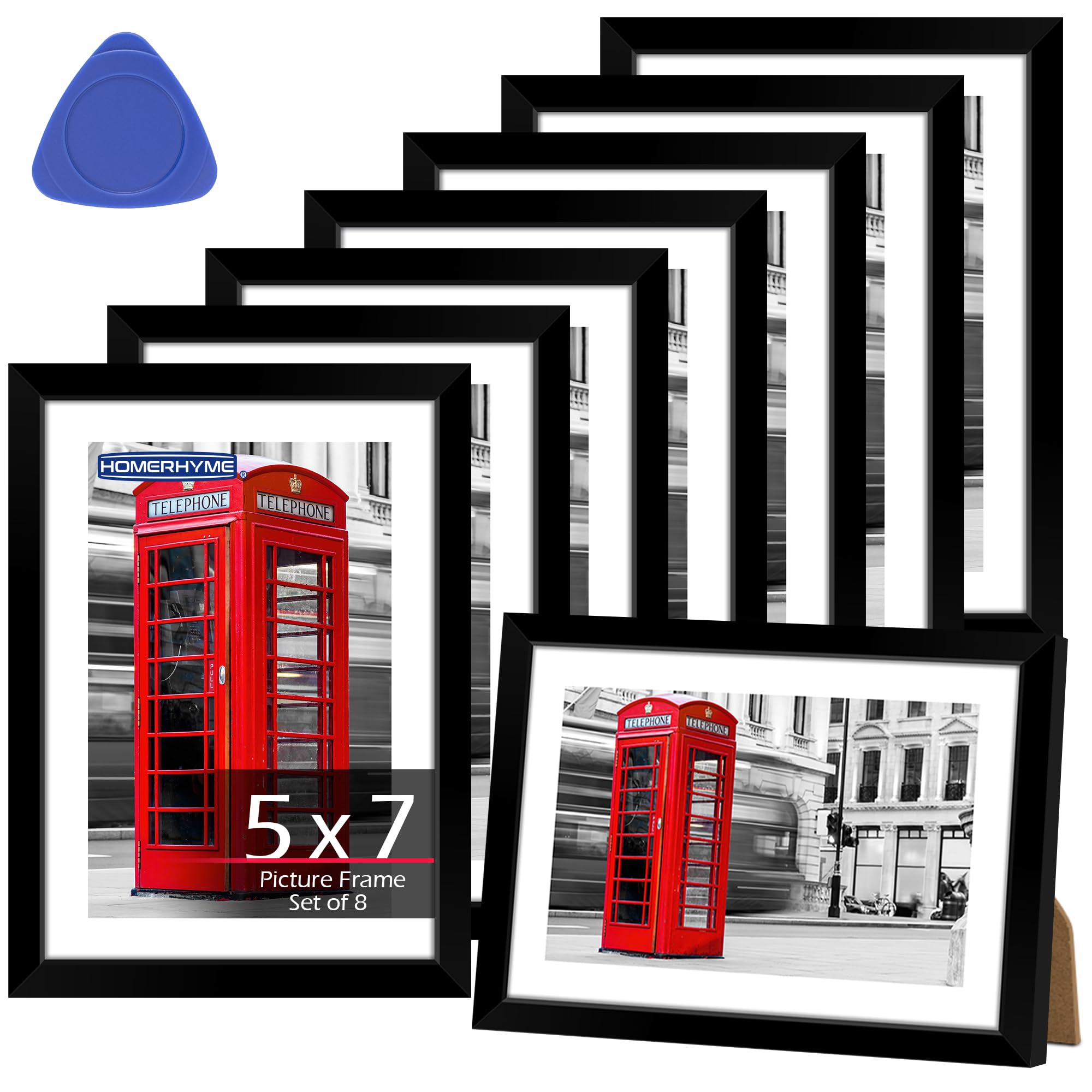 HOMERHYME 5x7 Picture Frame Set of 8, Black Photo Frames for Gallery Wall Mounting or Table Display, Display Pictures 4x6 with M