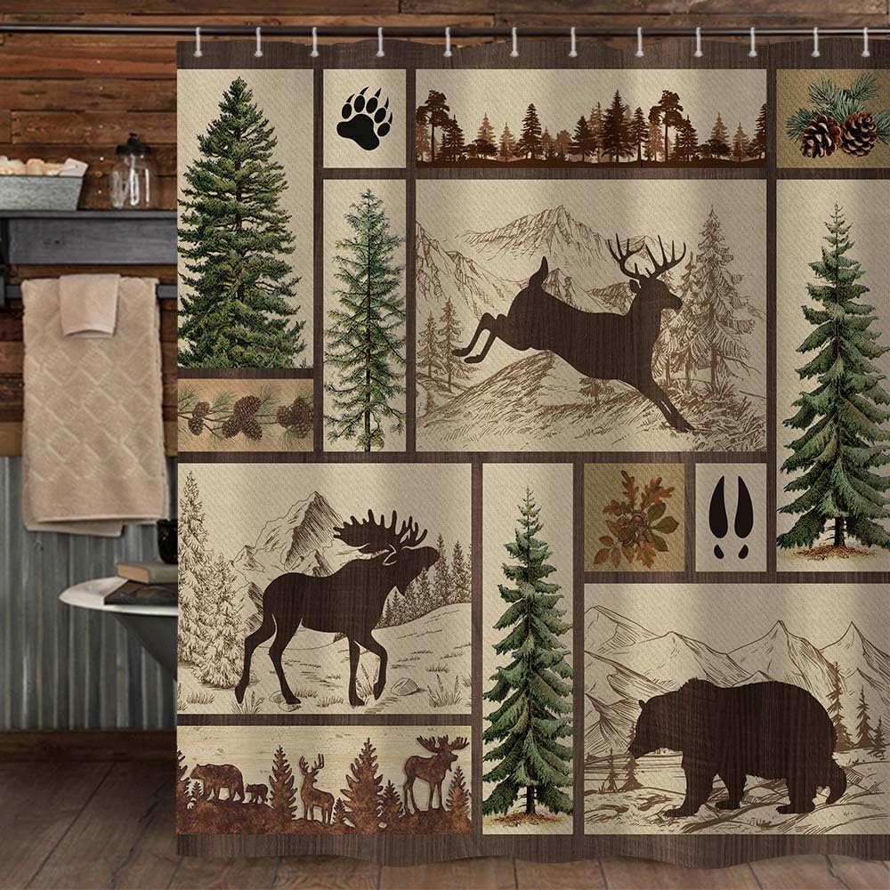Rustic Cabin Shower Curtain For Bathroom, Forest Bear Deer Wildlife Country Bath Curtains, Hunting Camping Waterproof Fabric Bat