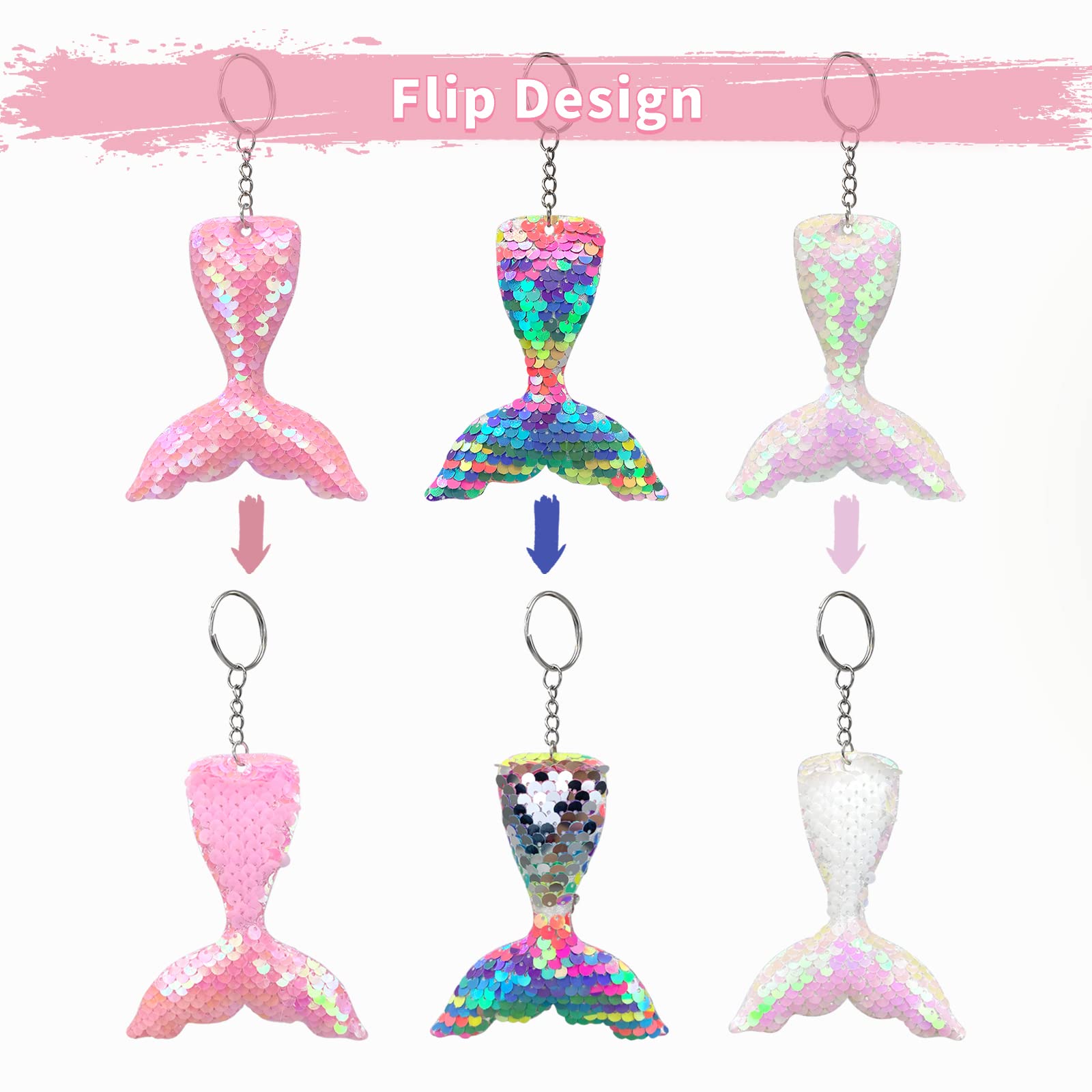 Wishlotus Flip Sequin Keychain, 3Pcs Mermaid-Shaped Reversible Key Pendant For Party Supplies Christmas Accessories (Assorted Co