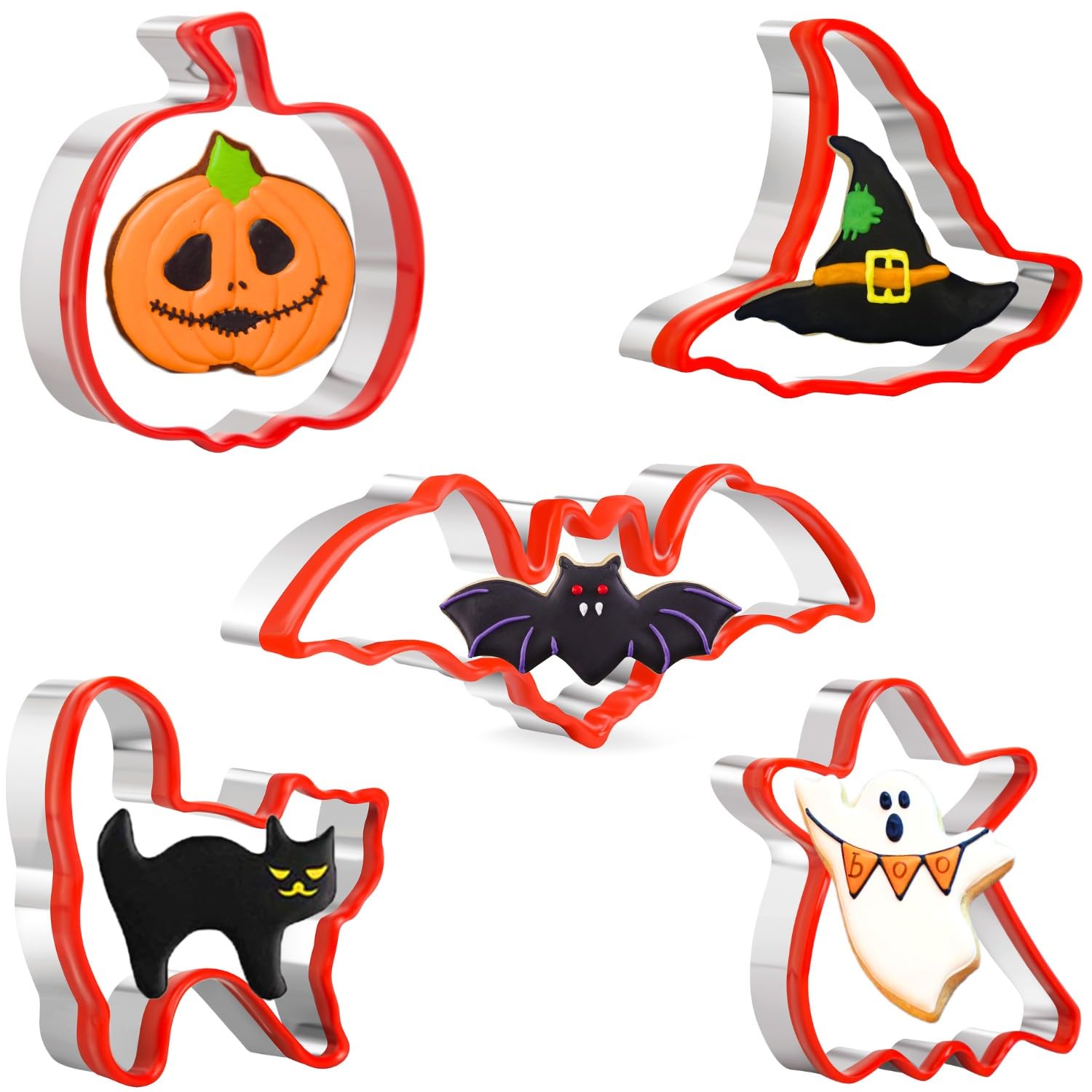 Crethinkaty Halloween Cookie Cutters Set 5 Piece Halloween Biscuit Cutters Stainless Steel With Protective Silicone Edge For Bak