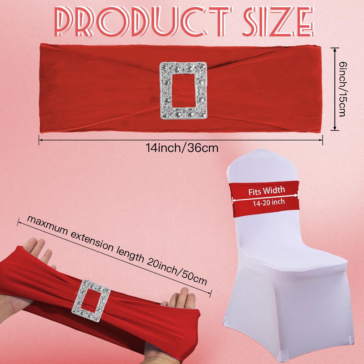 PWDAN 100 Pack Spandex Stretch Red Chair Sashes Bows, Elastic Chair Cover Bands Ties with Buckle Slider for Wedding Party Banque